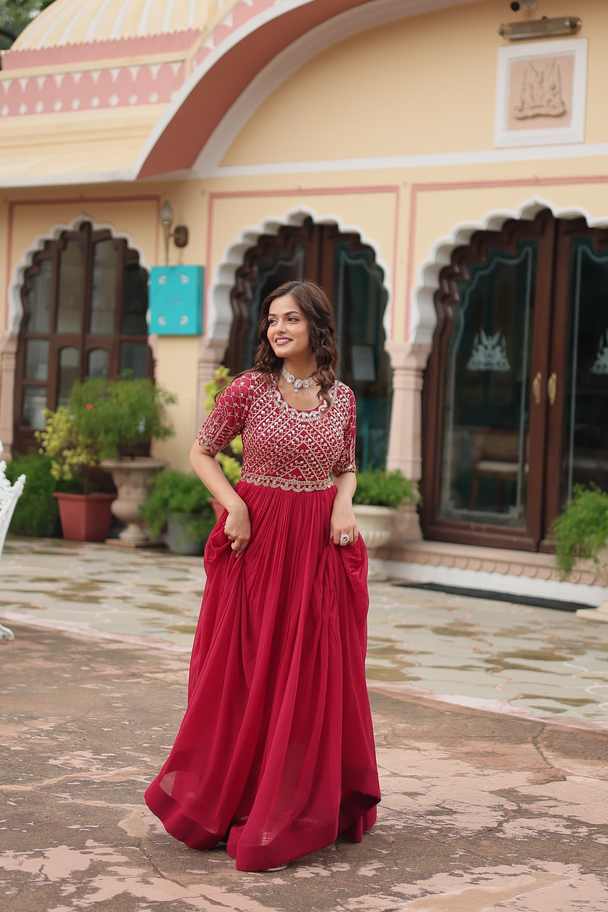 Pink Luxury Faux Blooming Designer Gown with Zari & Sequins Embroidery
