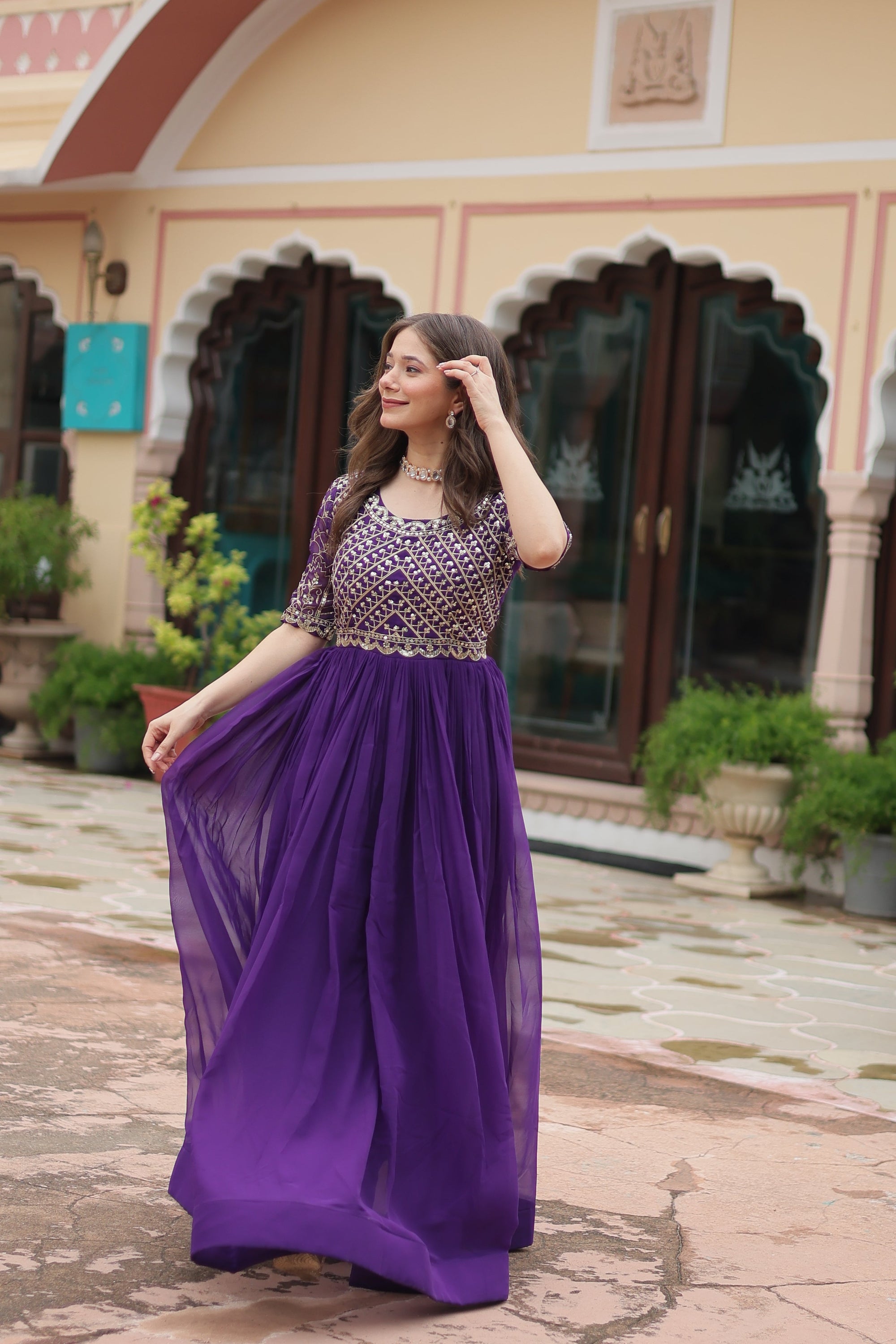 Purple Luxury Faux Blooming Designer Gown with Zari & Sequins Embroidery
