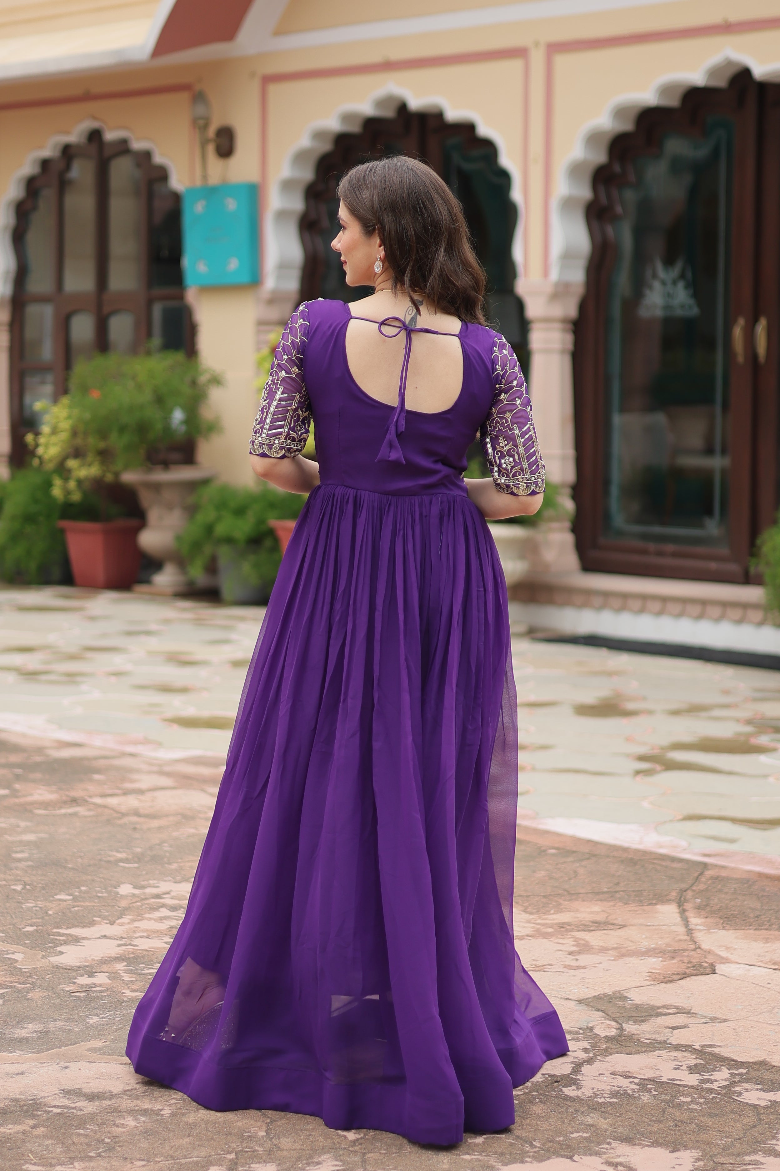 Purple Luxury Faux Blooming Designer Gown with Zari & Sequins Embroidery