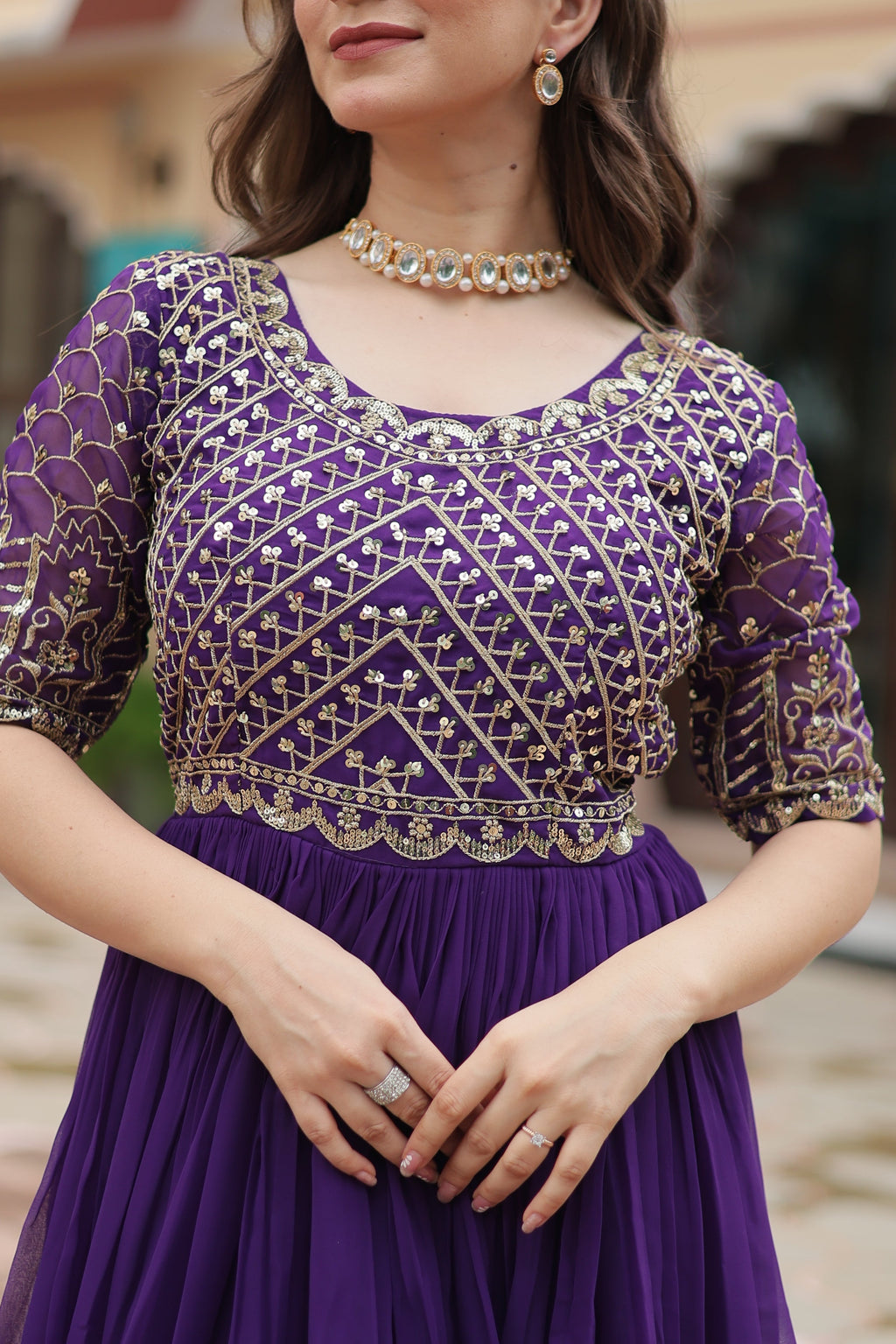 Purple Luxury Faux Blooming Designer Gown with Zari & Sequins Embroidery