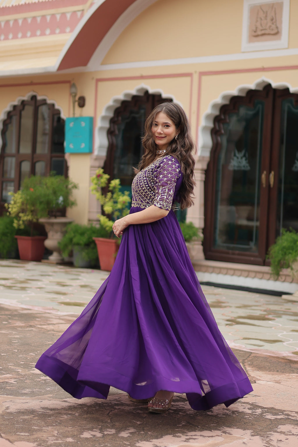 Purple Luxury Faux Blooming Designer Gown with Zari & Sequins Embroidery