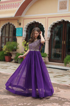 Purple Luxury Faux Blooming Designer Gown with Zari & Sequins Embroidery