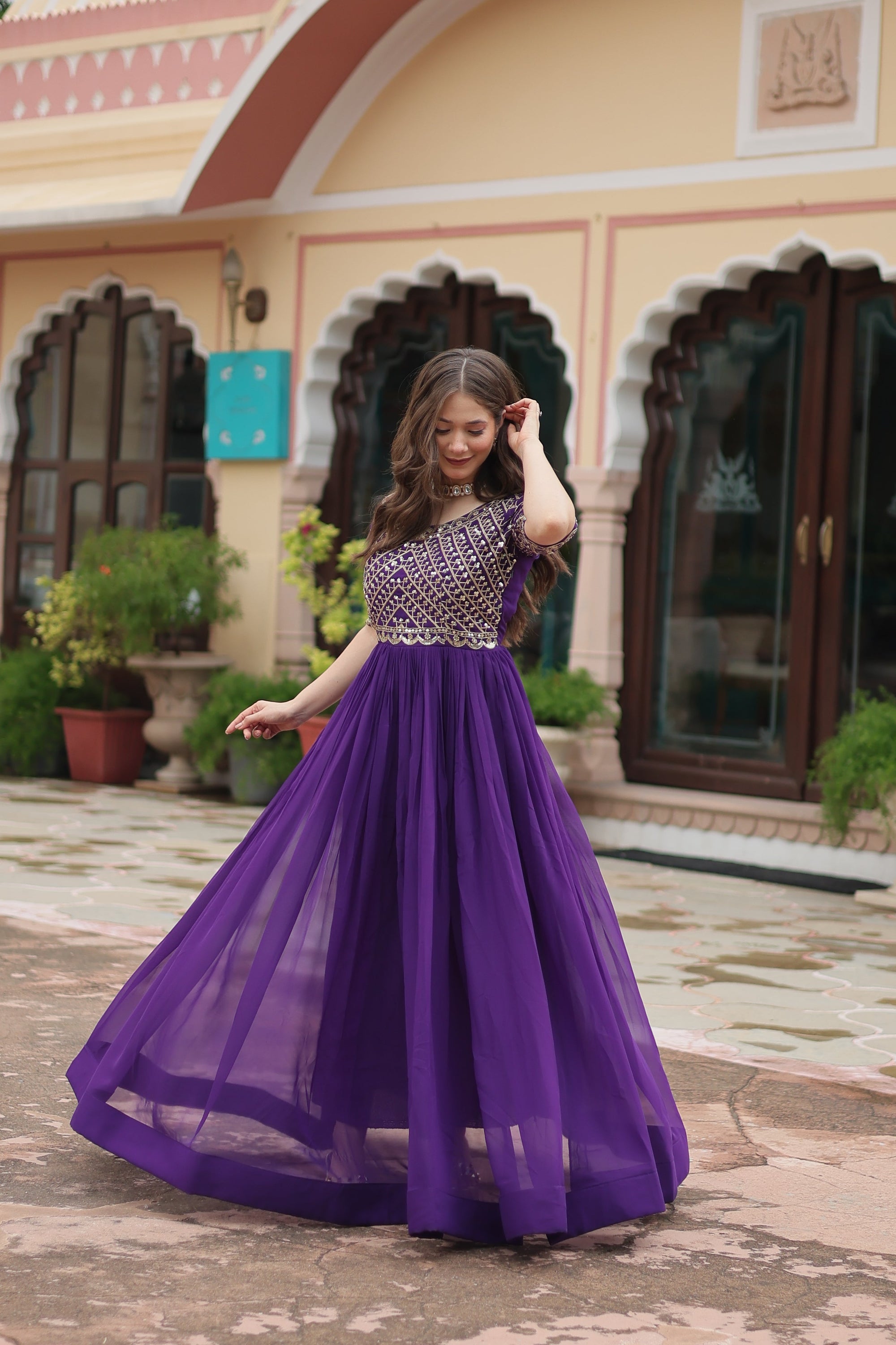 Purple Luxury Faux Blooming Designer Gown with Zari & Sequins Embroidery