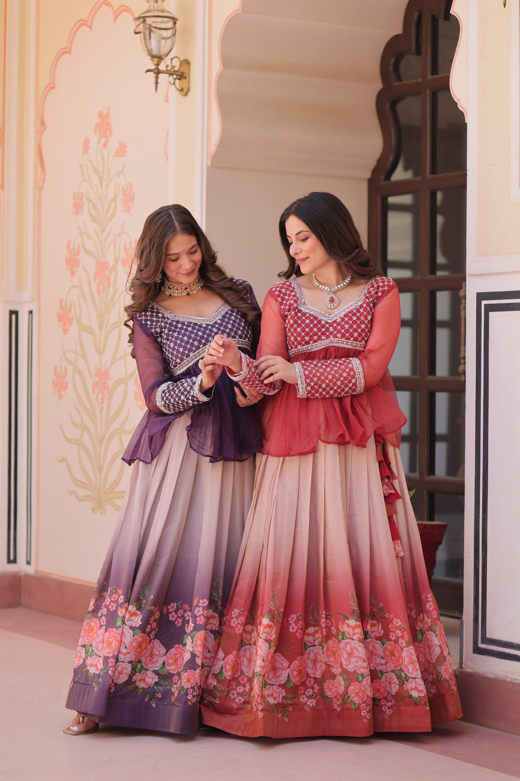 Purple Elegant Floral Cosmos Print Lehenga Set with Embroidered Peplum Top