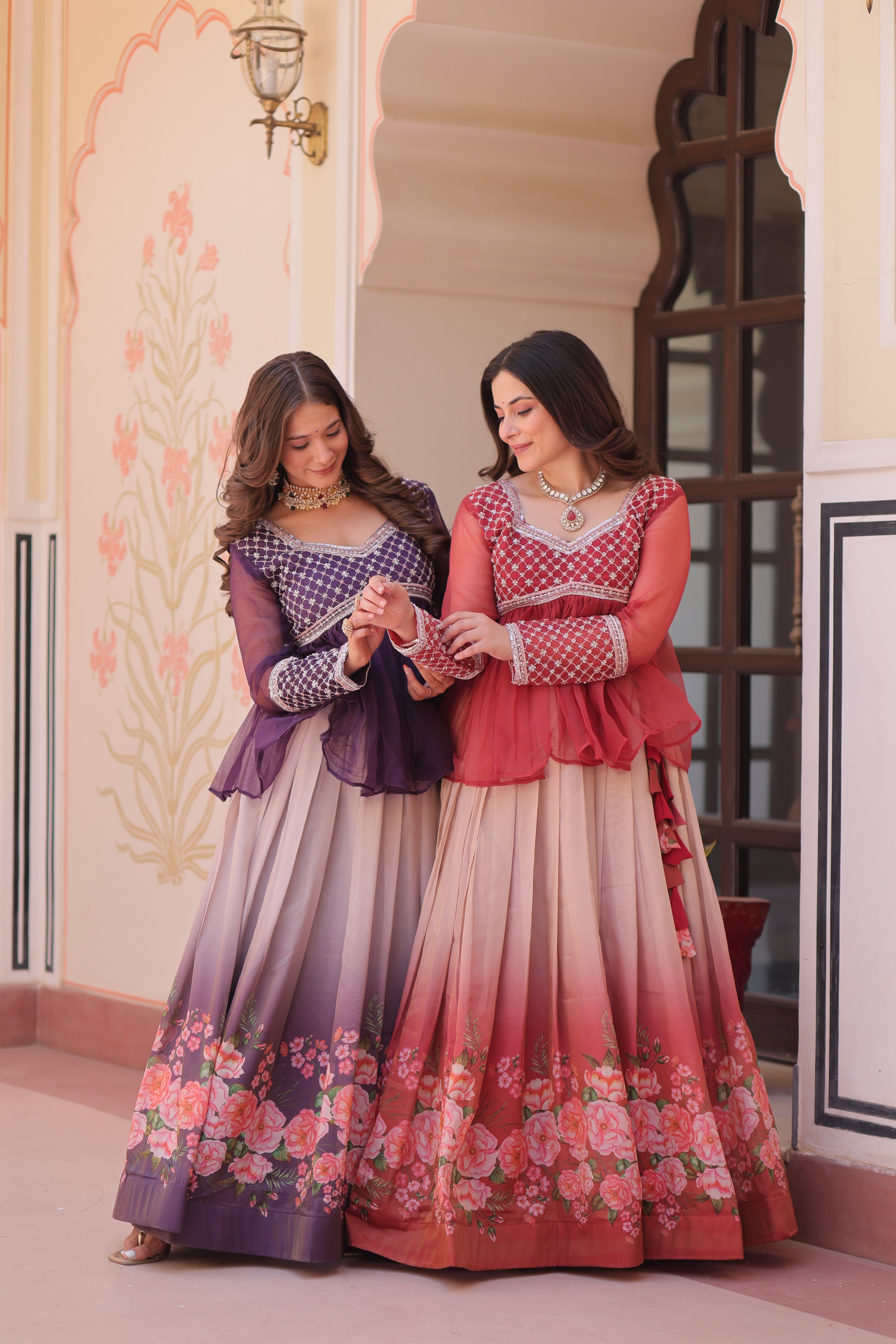 Purple Elegant Floral Cosmos Print Lehenga Set with Embroidered Peplum Top
