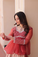 Gajri Elegant Floral Cosmos Print Lehenga Set with Embroidered Peplum Top