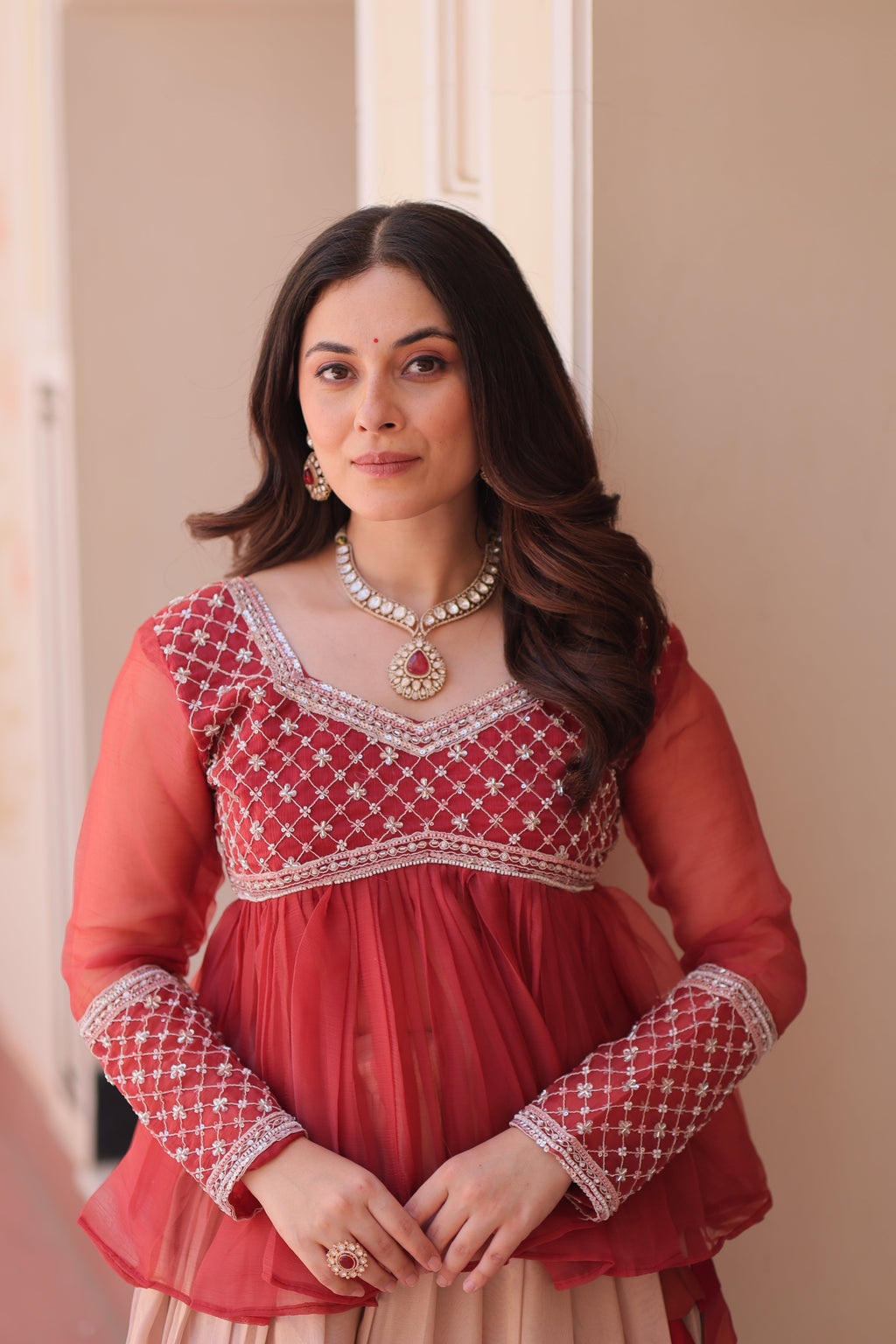 Gajri Elegant Floral Cosmos Print Lehenga Set with Embroidered Peplum Top