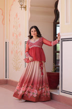 Gajri Elegant Floral Cosmos Print Lehenga Set with Embroidered Peplum Top