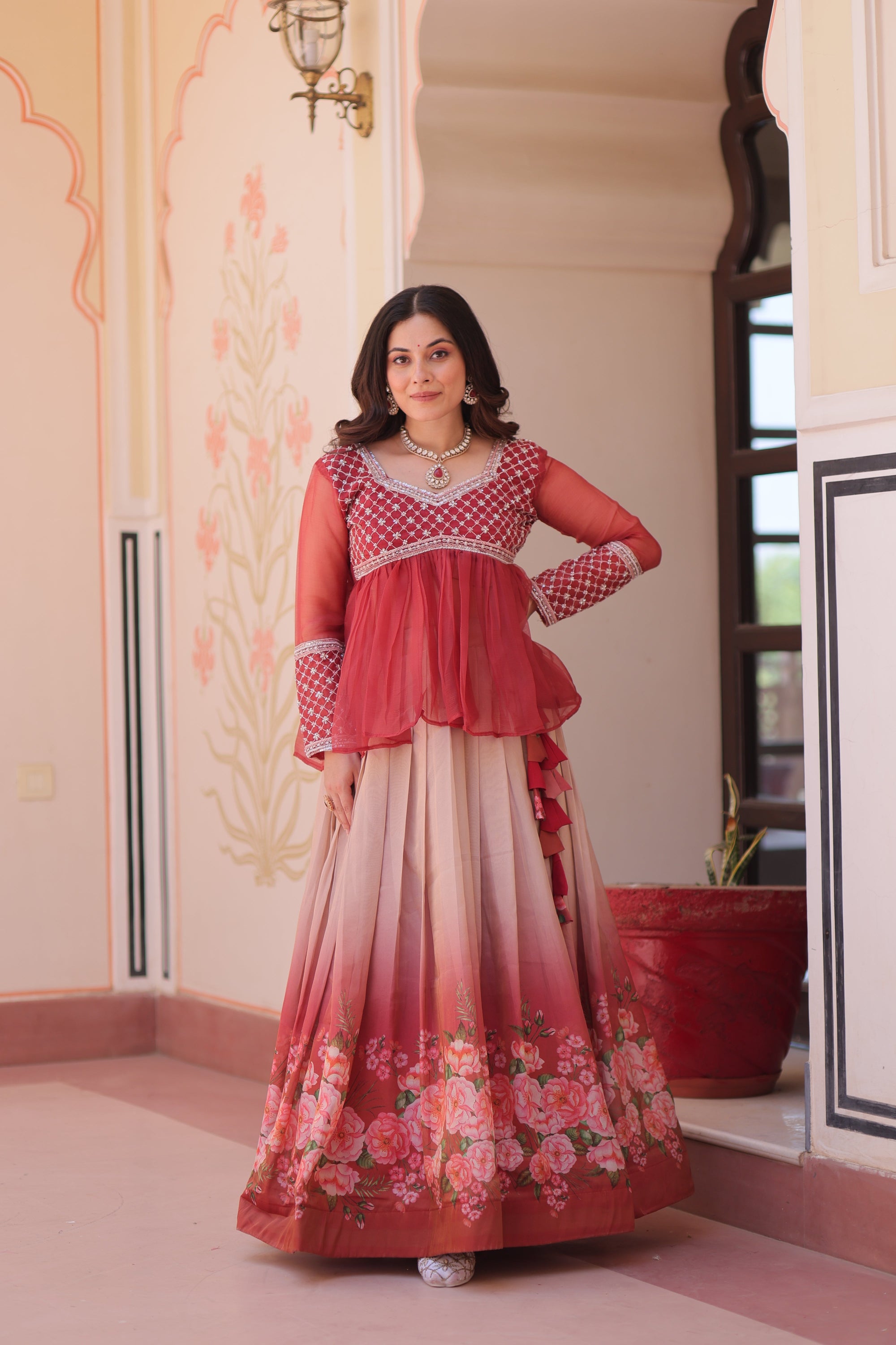 Gajri Elegant Floral Cosmos Print Lehenga Set with Embroidered Peplum Top