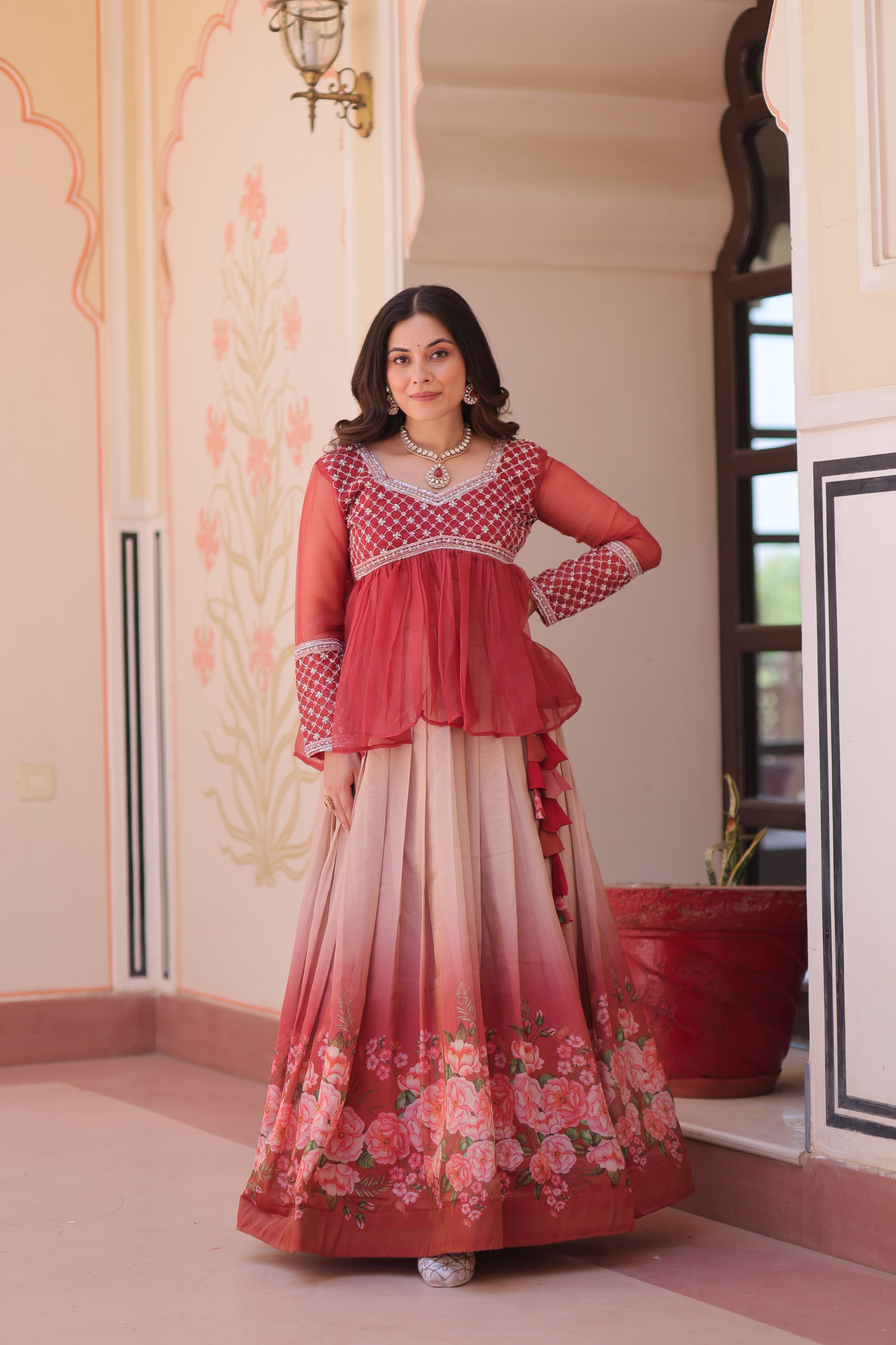 Gajri Elegant Floral Cosmos Print Lehenga Set with Embroidered Peplum Top