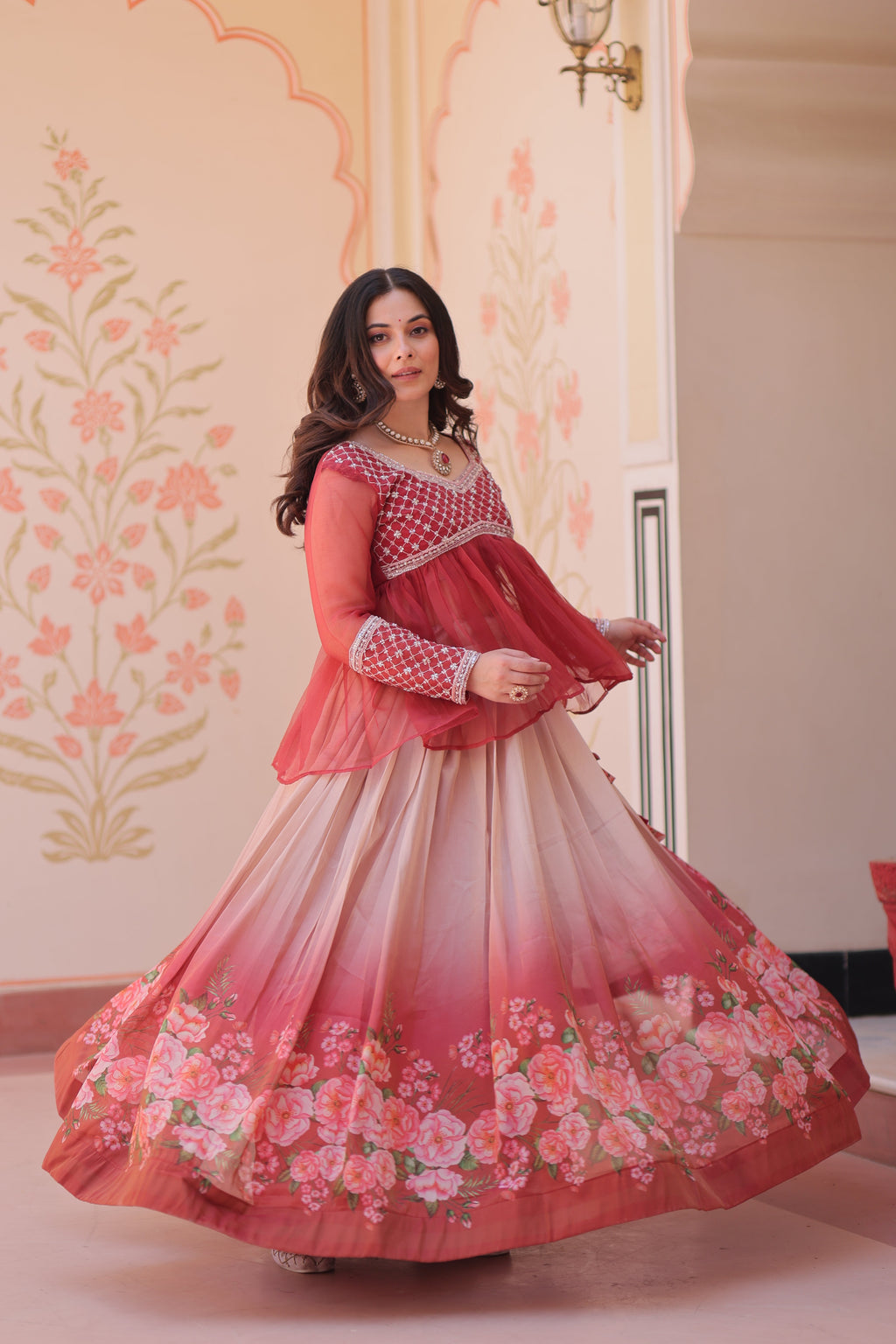 Gajri Elegant Floral Cosmos Print Lehenga Set with Embroidered Peplum Top