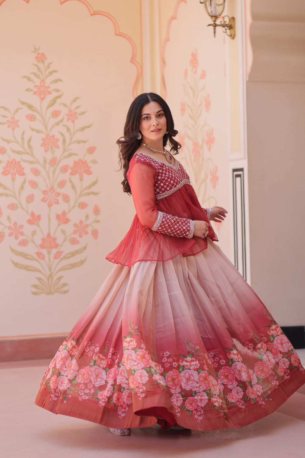 Gajri Elegant Floral Cosmos Print Lehenga Set with Embroidered Peplum Top