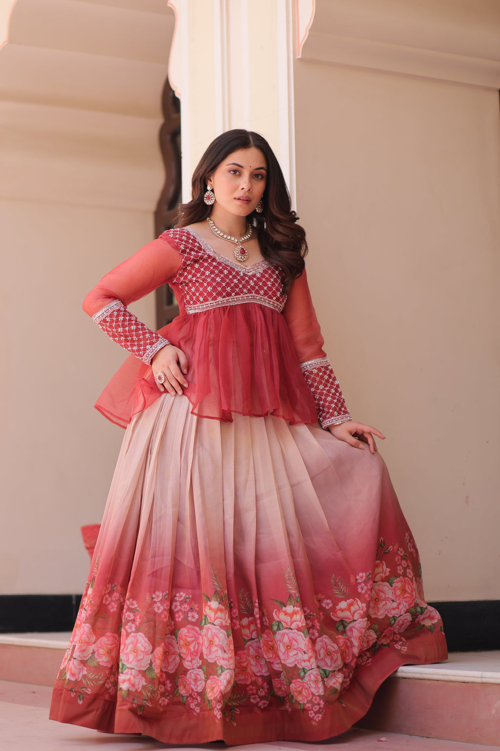 Gajri Elegant Floral Cosmos Print Lehenga Set with Embroidered Peplum Top