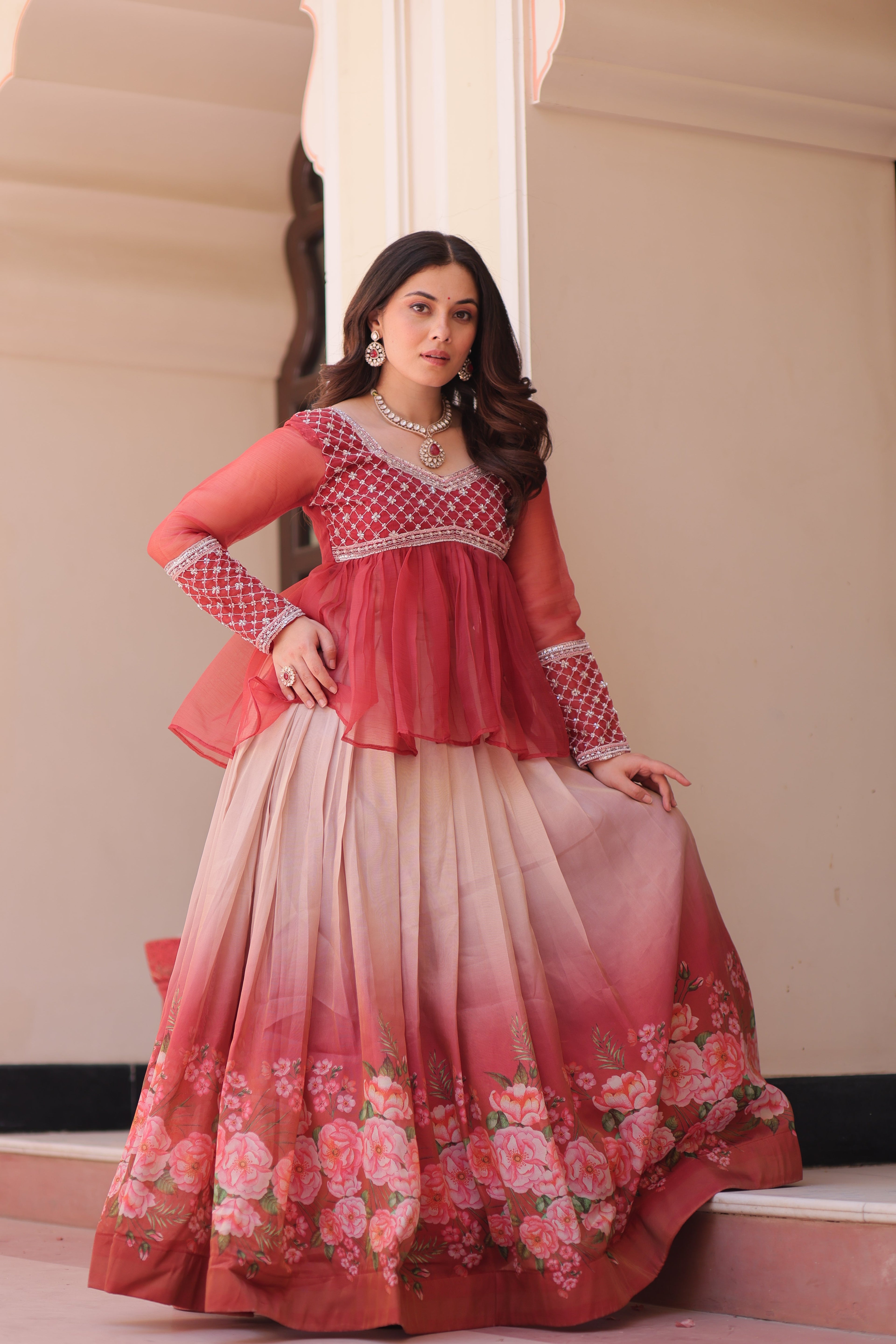 Gajri Elegant Floral Cosmos Print Lehenga Set with Embroidered Peplum Top