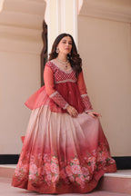 Gajri Elegant Floral Cosmos Print Lehenga Set with Embroidered Peplum Top