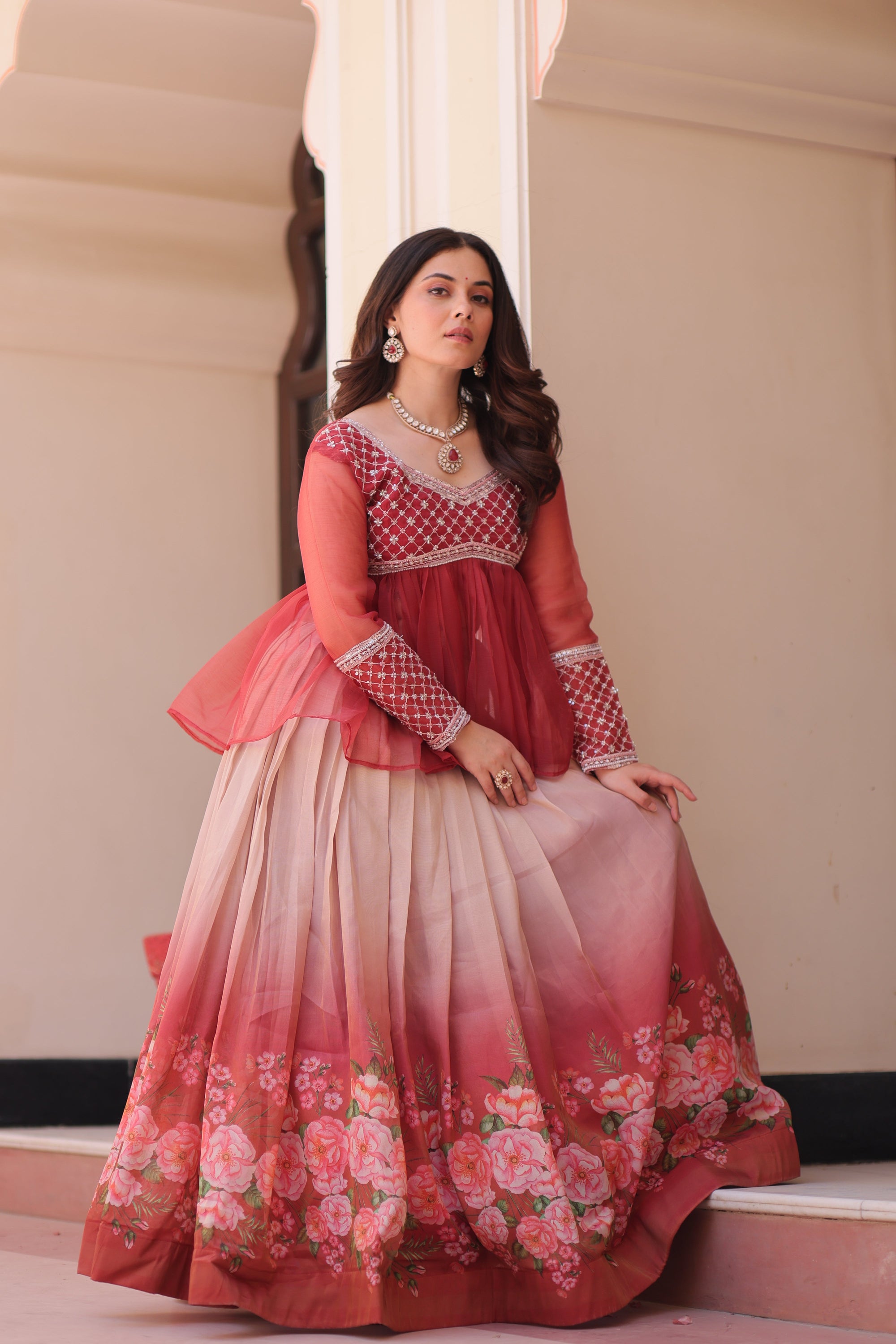 Gajri Elegant Floral Cosmos Print Lehenga Set with Embroidered Peplum Top