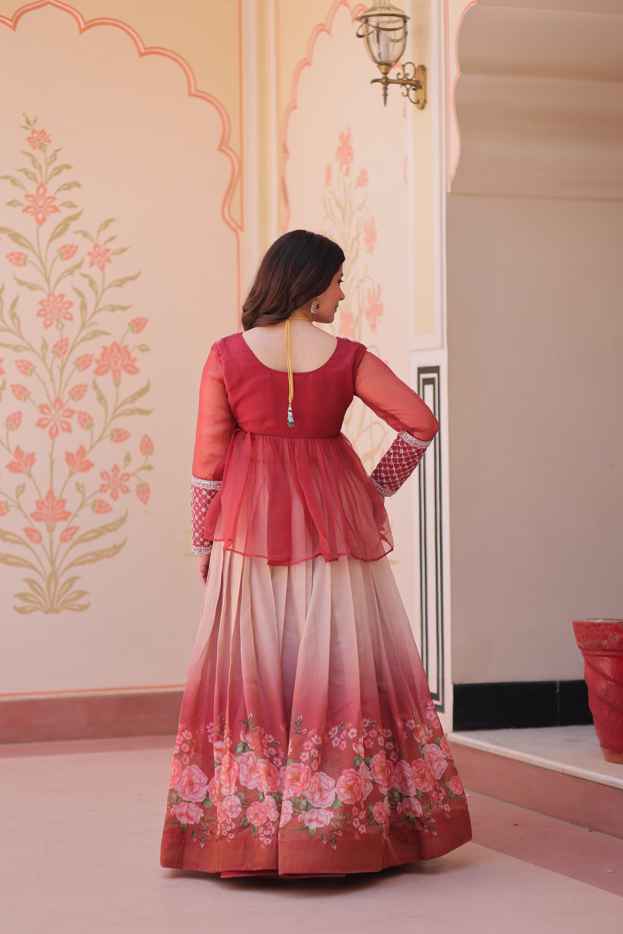 Gajri Elegant Floral Cosmos Print Lehenga Set with Embroidered Peplum Top