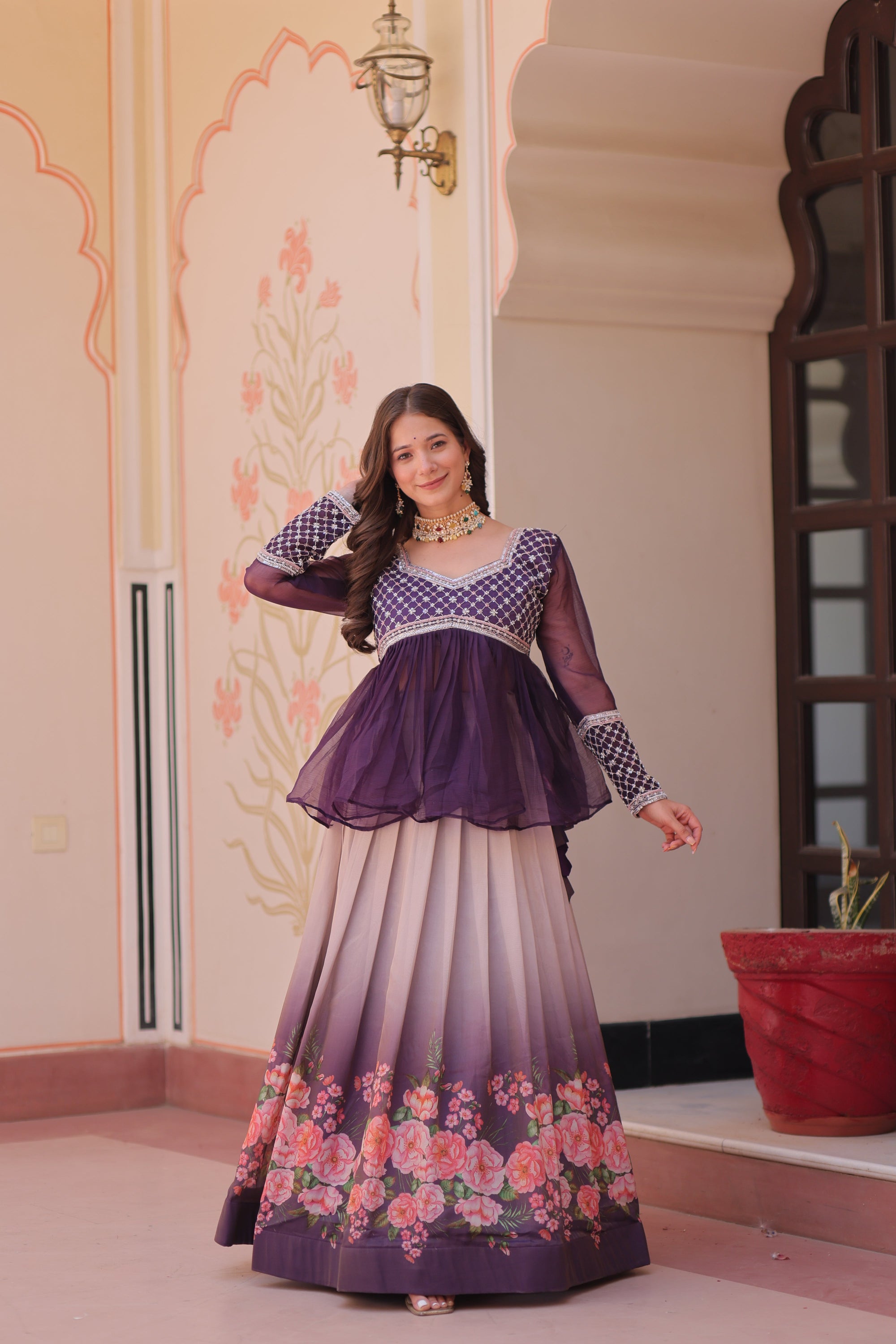 Purple Elegant Floral Cosmos Print Lehenga Set with Embroidered Peplum Top