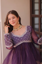 Purple Elegant Floral Cosmos Print Lehenga Set with Embroidered Peplum Top