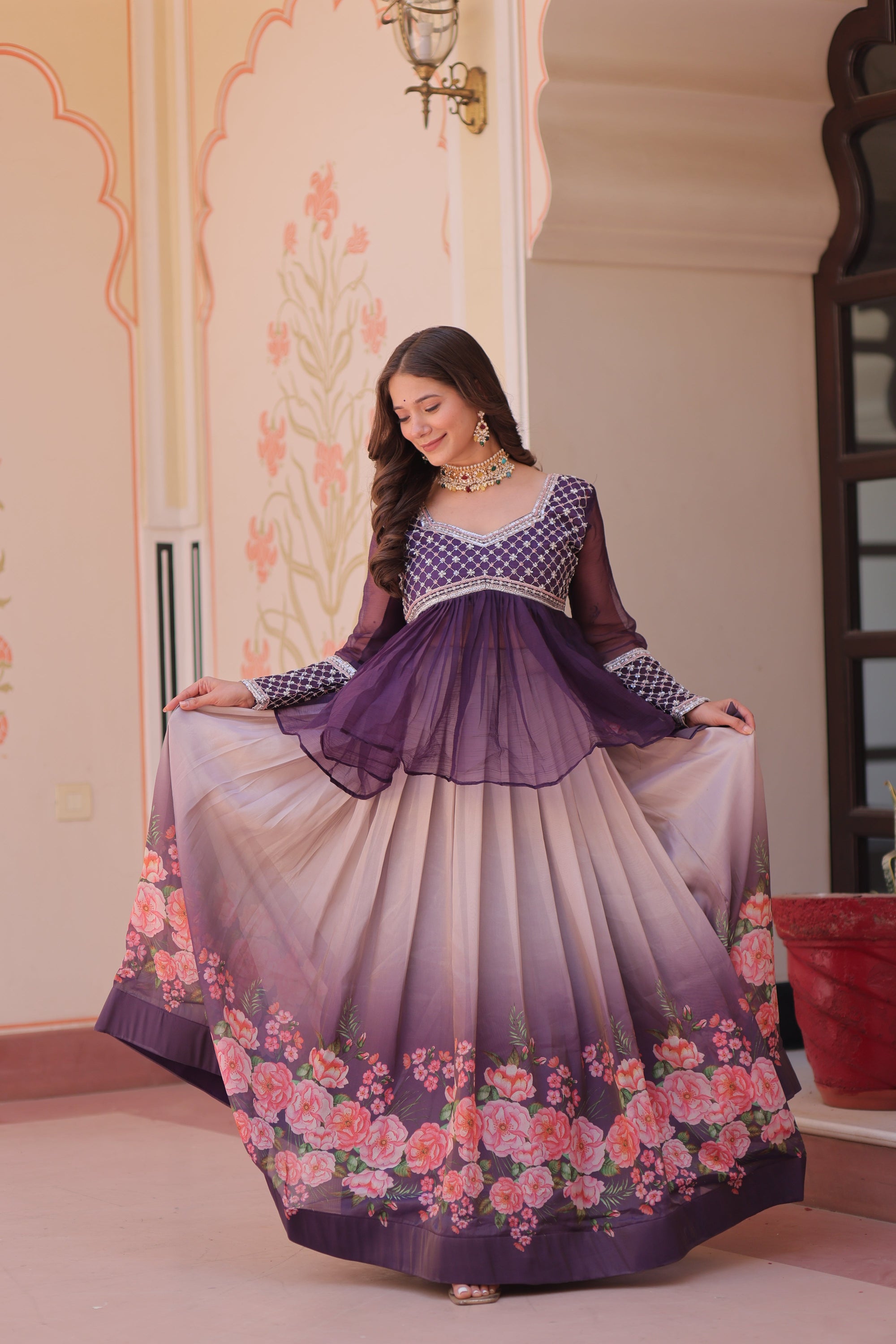 Purple Elegant Floral Cosmos Print Lehenga Set with Embroidered Peplum Top