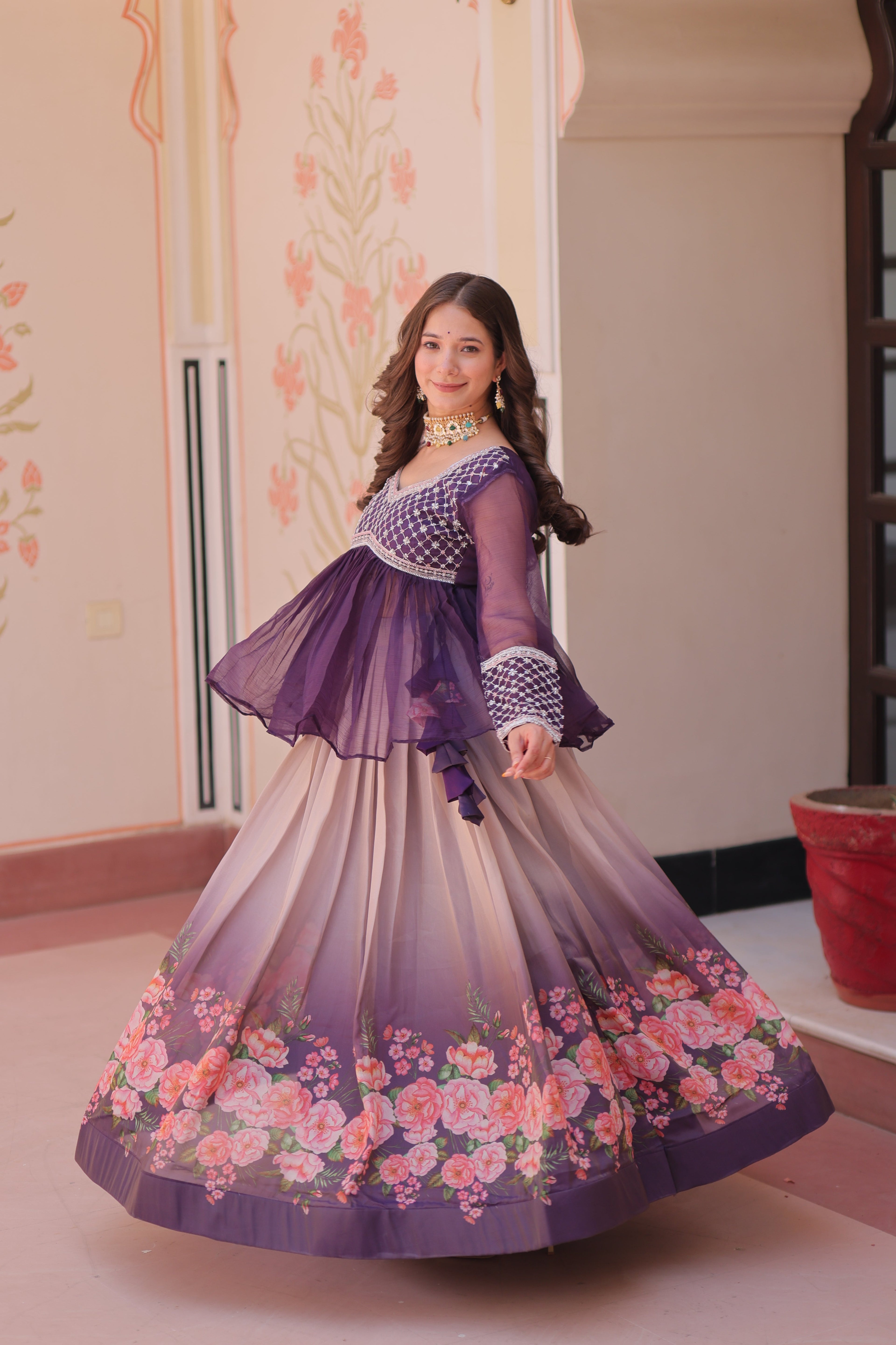 Purple Elegant Floral Cosmos Print Lehenga Set with Embroidered Peplum Top