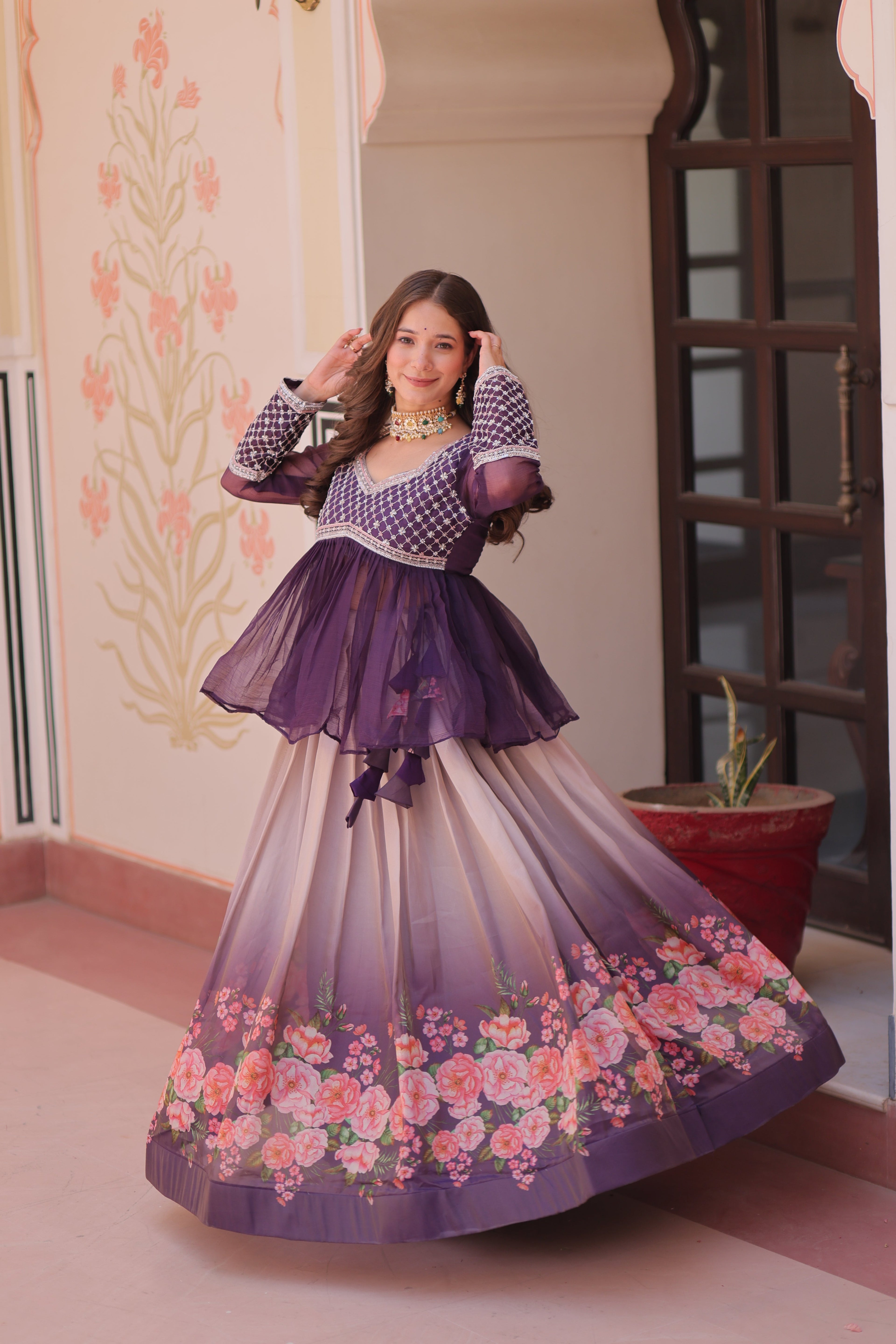 Purple Elegant Floral Cosmos Print Lehenga Set with Embroidered Peplum Top