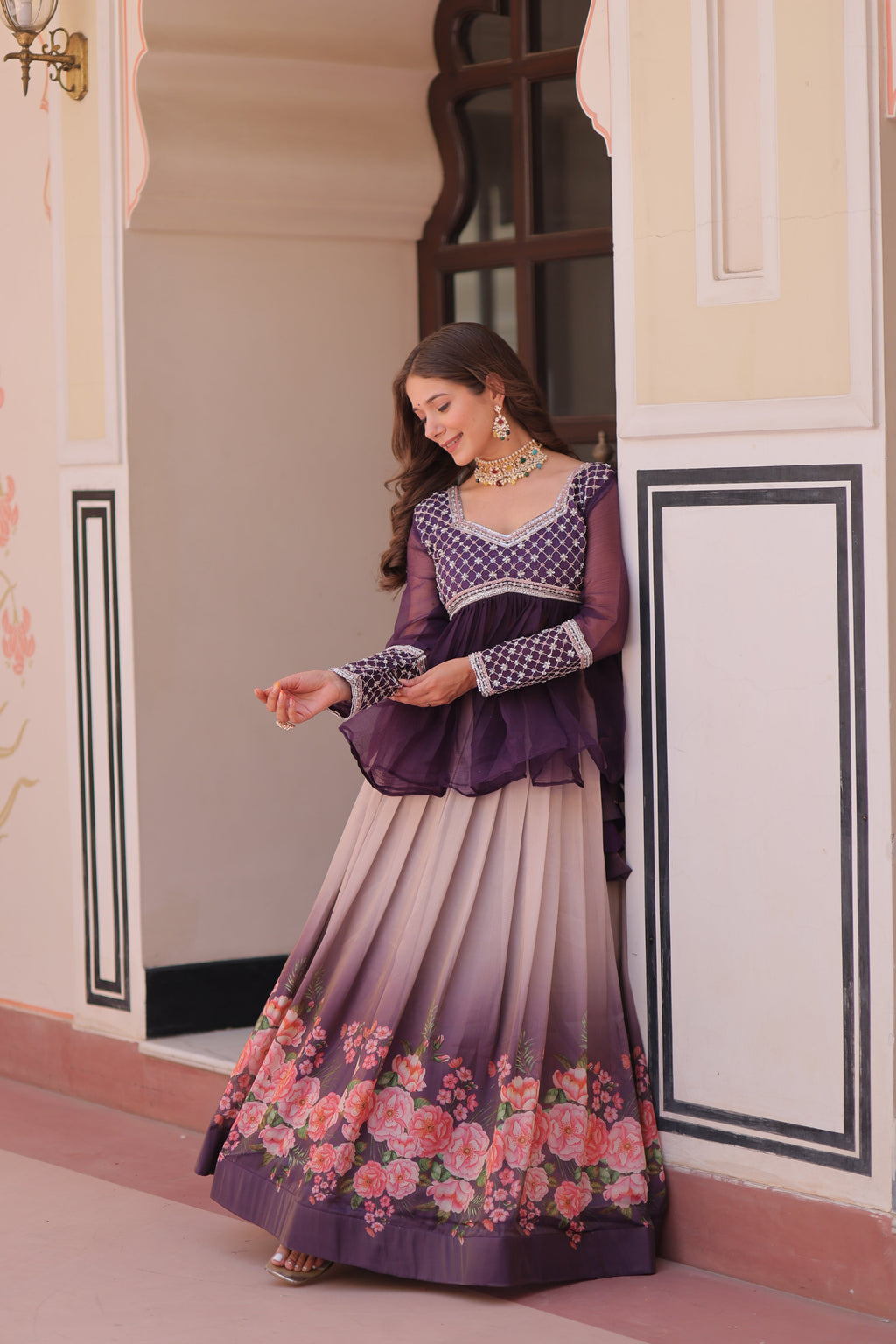 Purple Elegant Floral Cosmos Print Lehenga Set with Embroidered Peplum Top