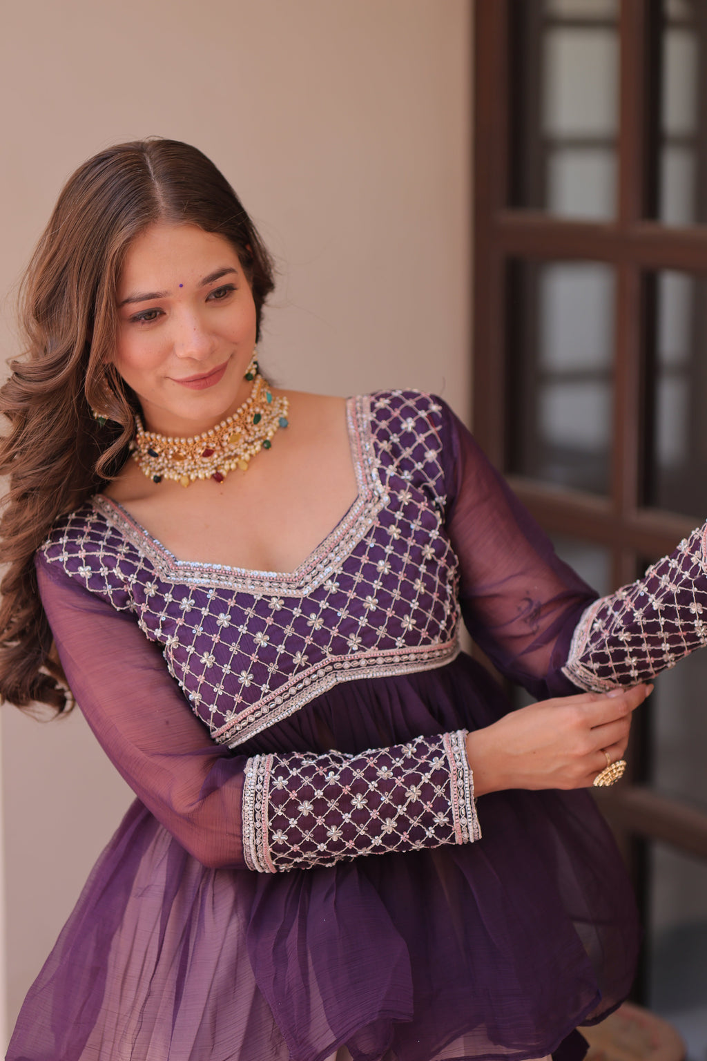 Purple Elegant Floral Cosmos Print Lehenga Set with Embroidered Peplum Top