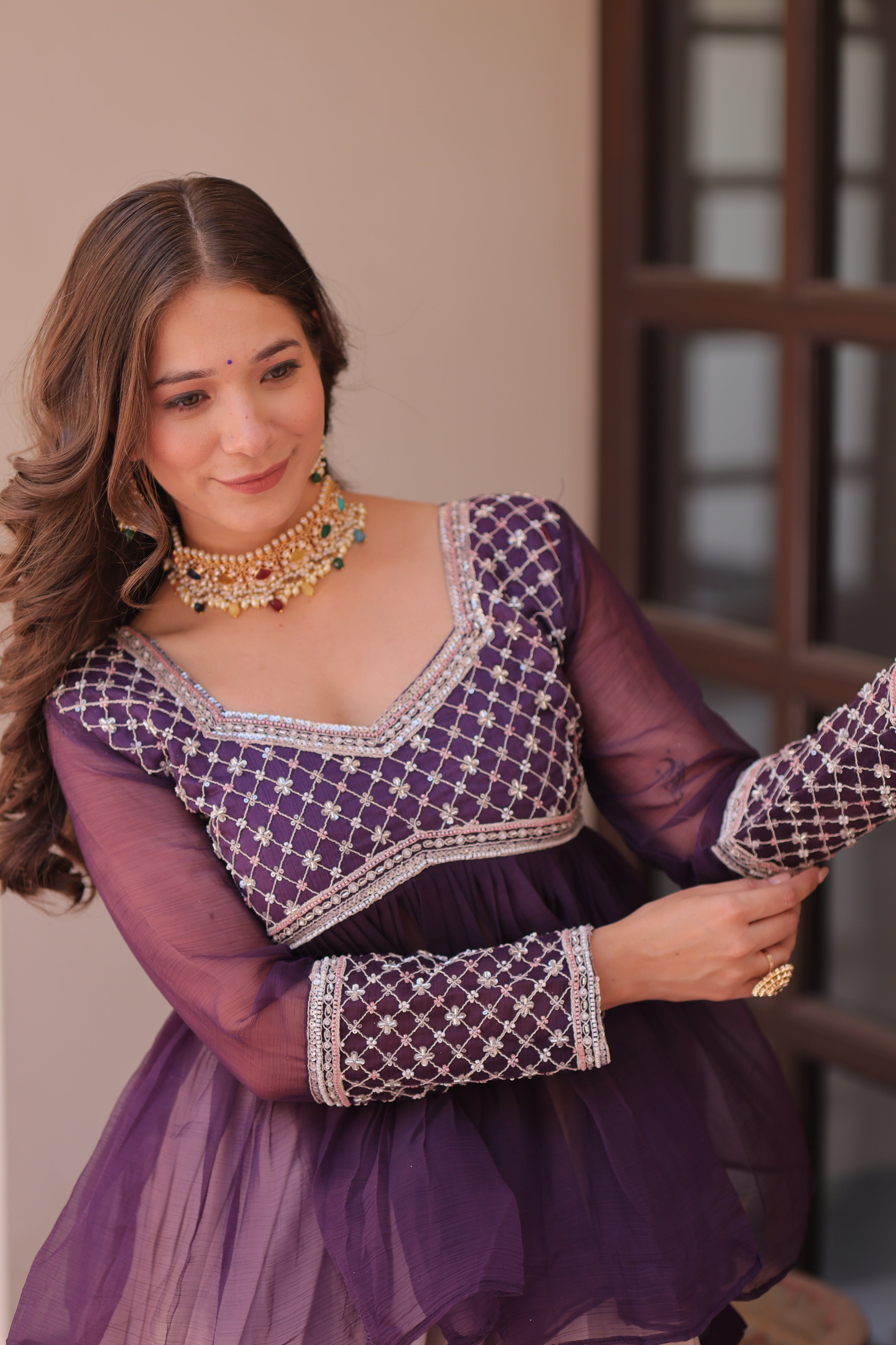Purple Elegant Floral Cosmos Print Lehenga Set with Embroidered Peplum Top