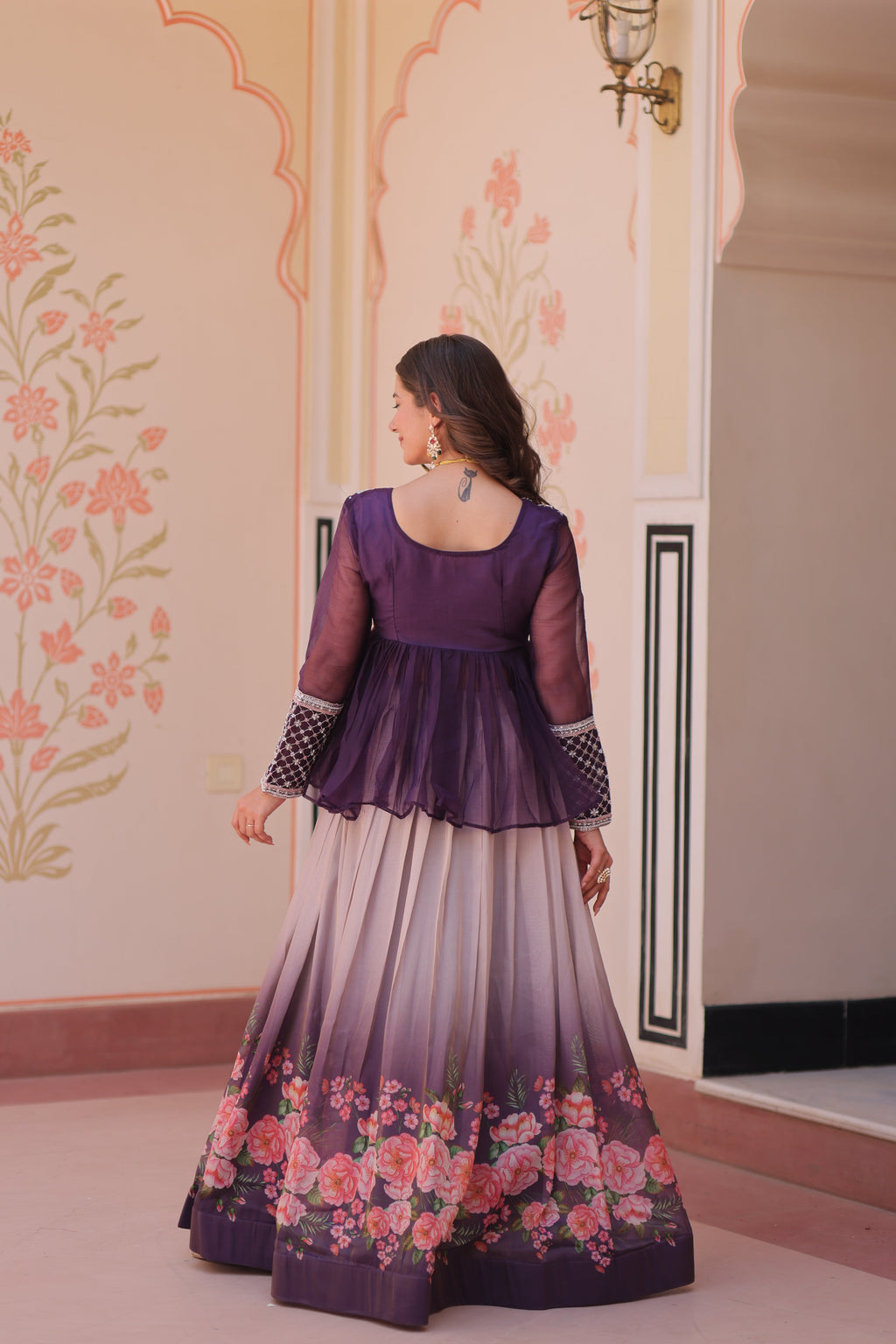 Purple Elegant Floral Cosmos Print Lehenga Set with Embroidered Peplum Top