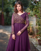 Wedding Wear Wine Color Sequence Work Long Gown
