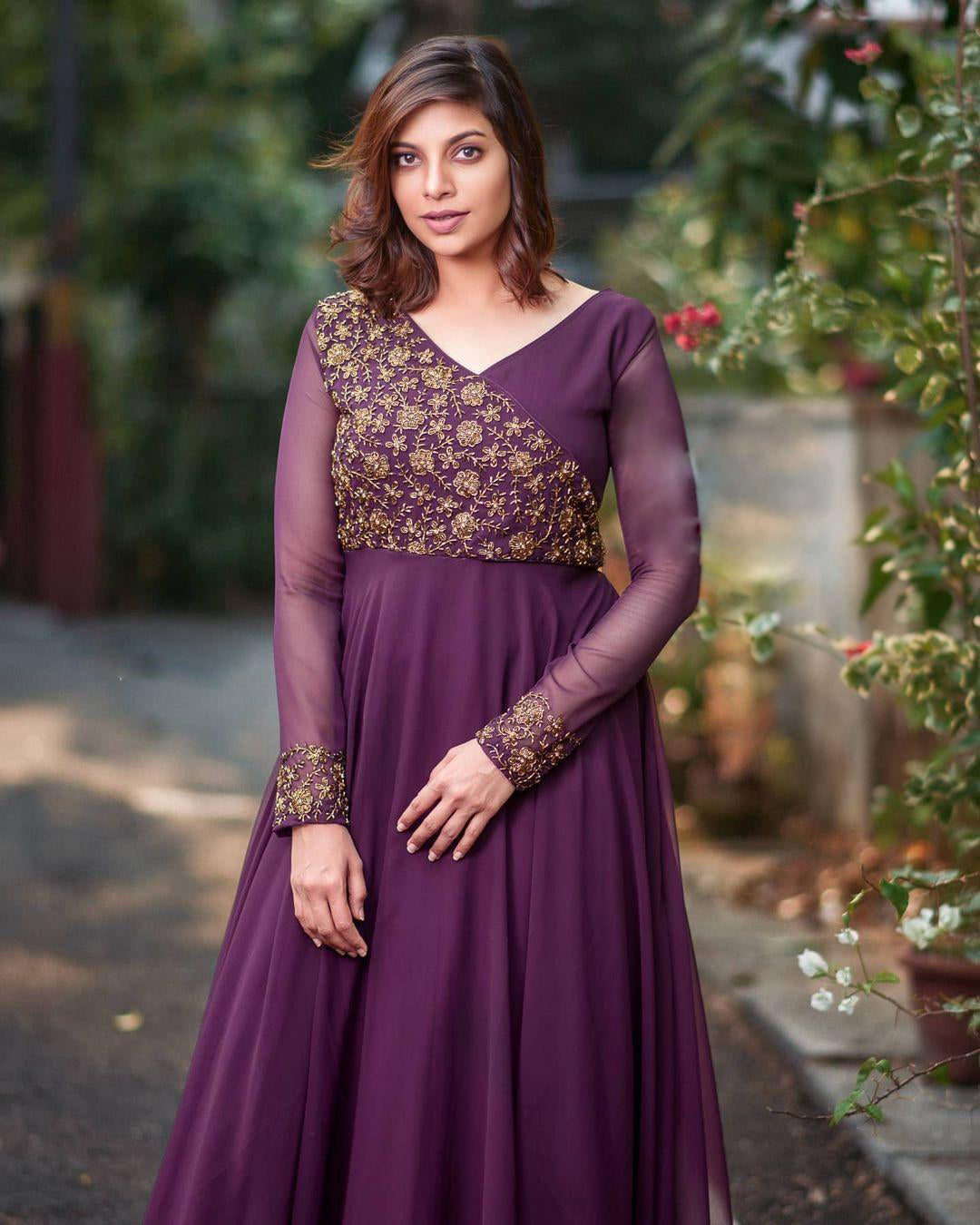 Wedding Wear Wine Color Sequence Work Long Gown