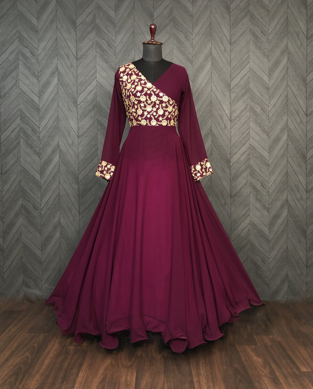 Wedding Wear Wine Color Sequence Work Long Gown