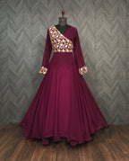 Wedding Wear Wine Color Sequence Work Long Gown