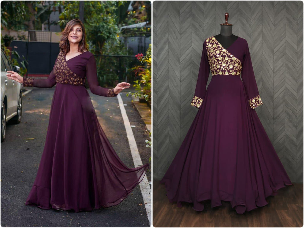 Wedding Wear Wine Color Sequence Work Long Gown
