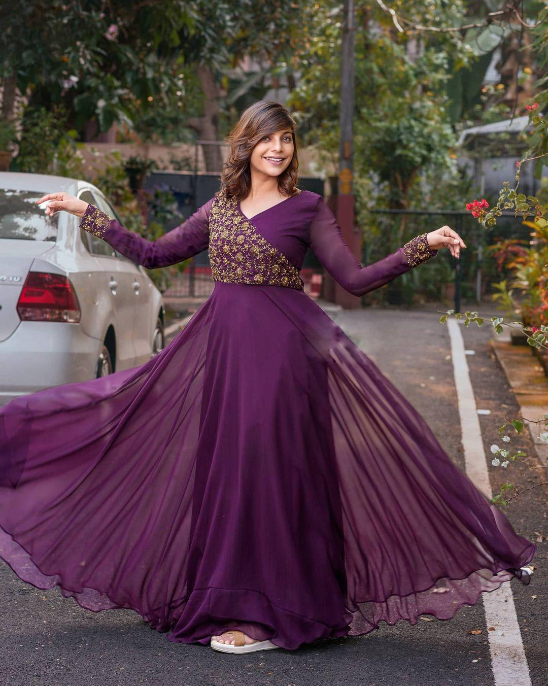 Wedding Wear Wine Color Sequence Work Long Gown