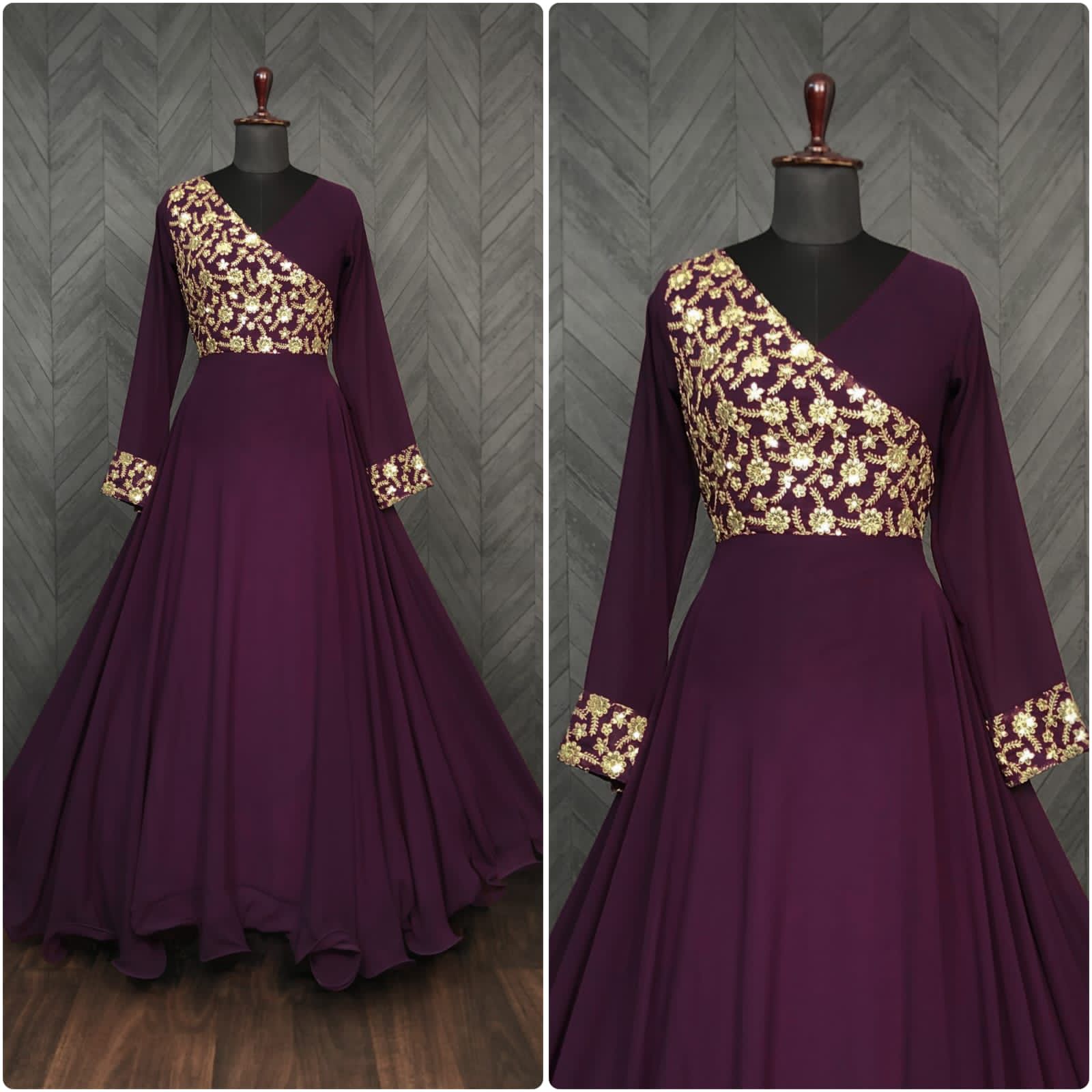 Wedding Wear Wine Color Sequence Work Long Gown