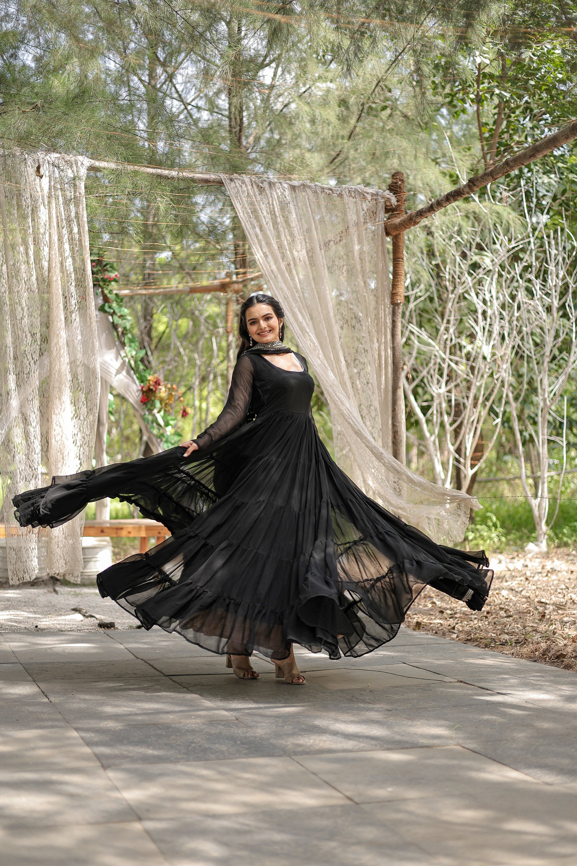 Party Wear Black Color Plain Long Gown With Dupatta