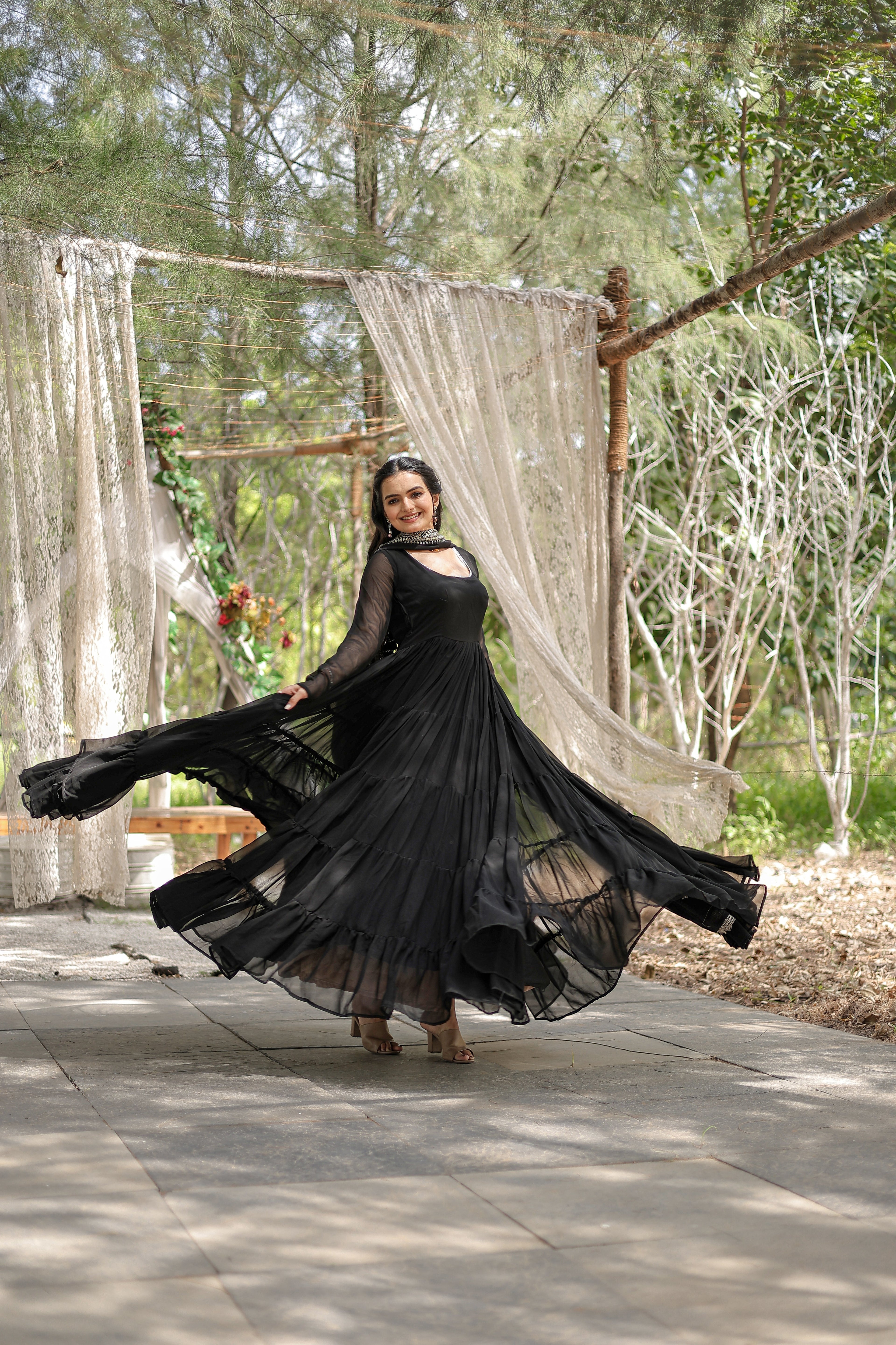 Party Wear Black Color Plain Long Gown With Dupatta