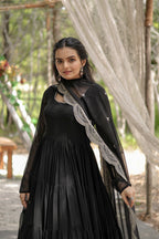 Party Wear Black Color Plain Long Gown With Dupatta