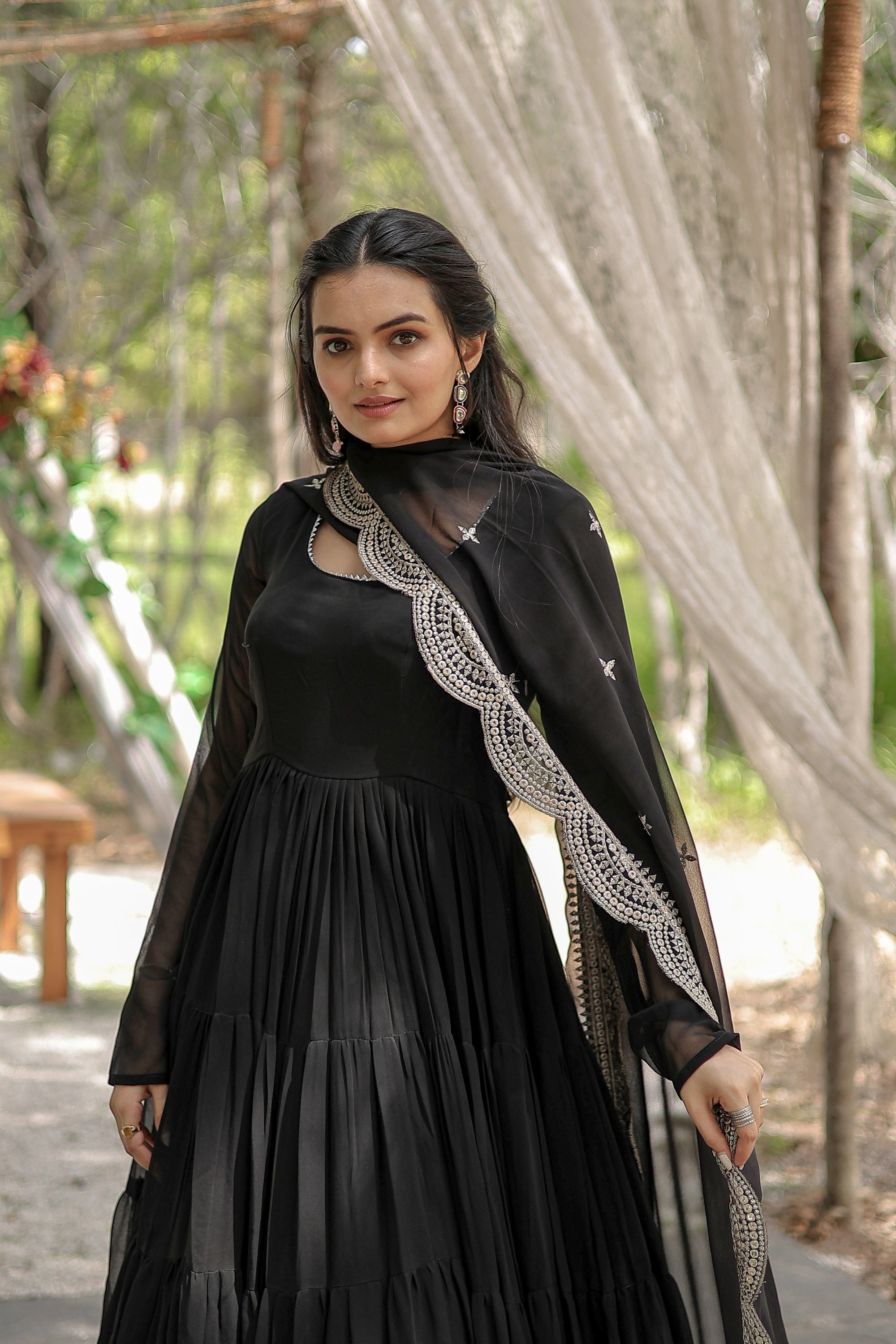 Party Wear Black Color Plain Long Gown With Dupatta