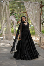 Party Wear Black Color Plain Long Gown With Dupatta