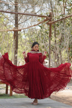Maroon Women Embroidered Anarkali Kurta Set