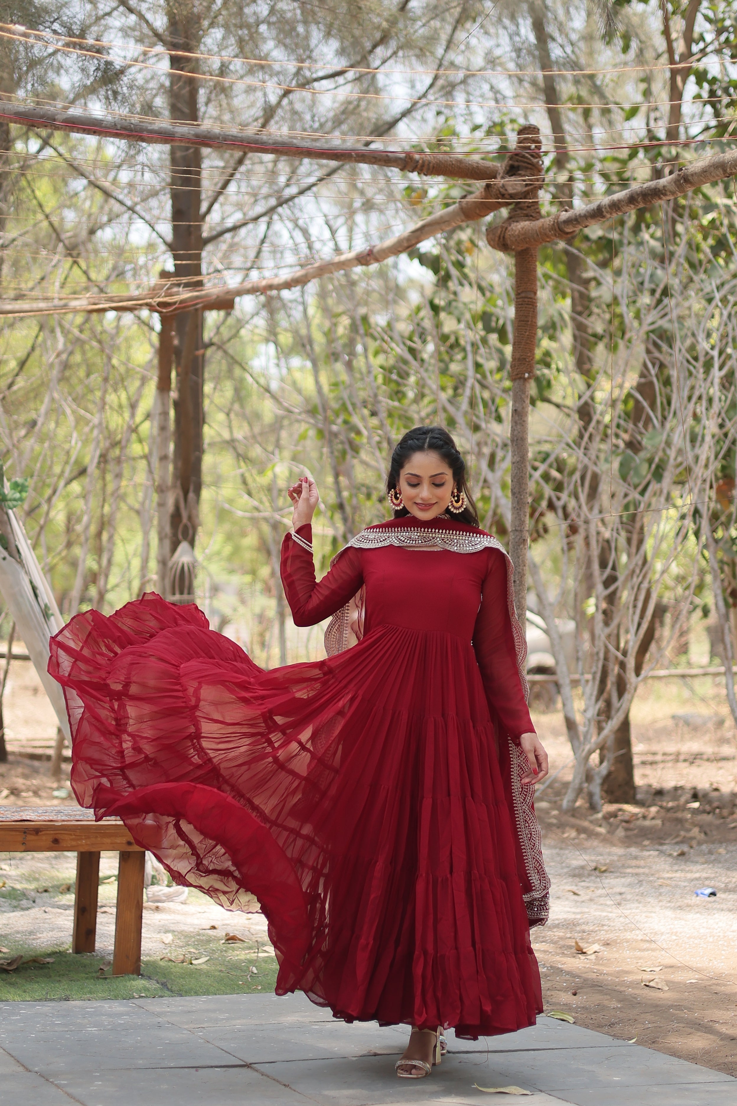 Maroon Women Embroidered Anarkali Kurta Set