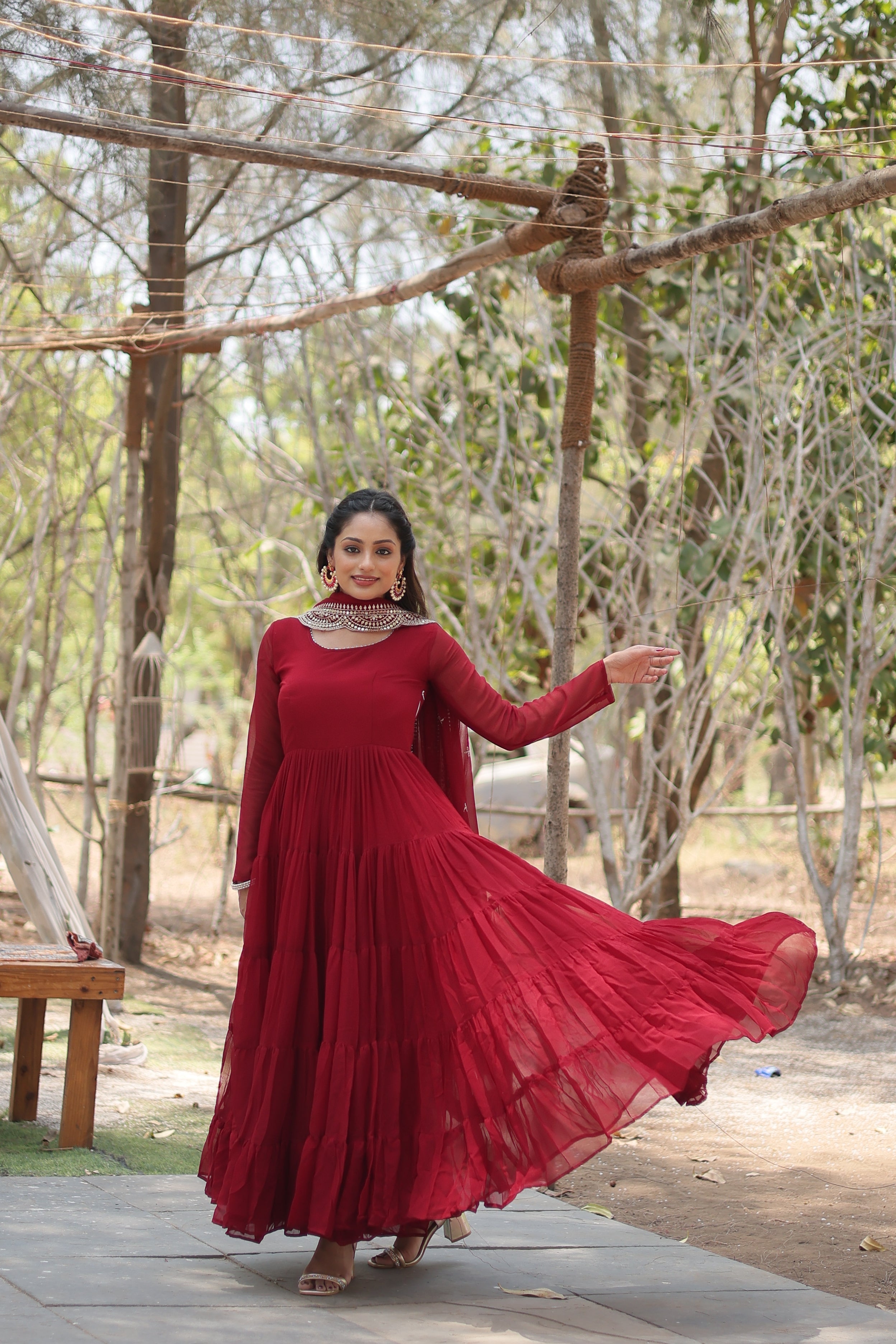 Maroon Women Embroidered Anarkali Kurta Set