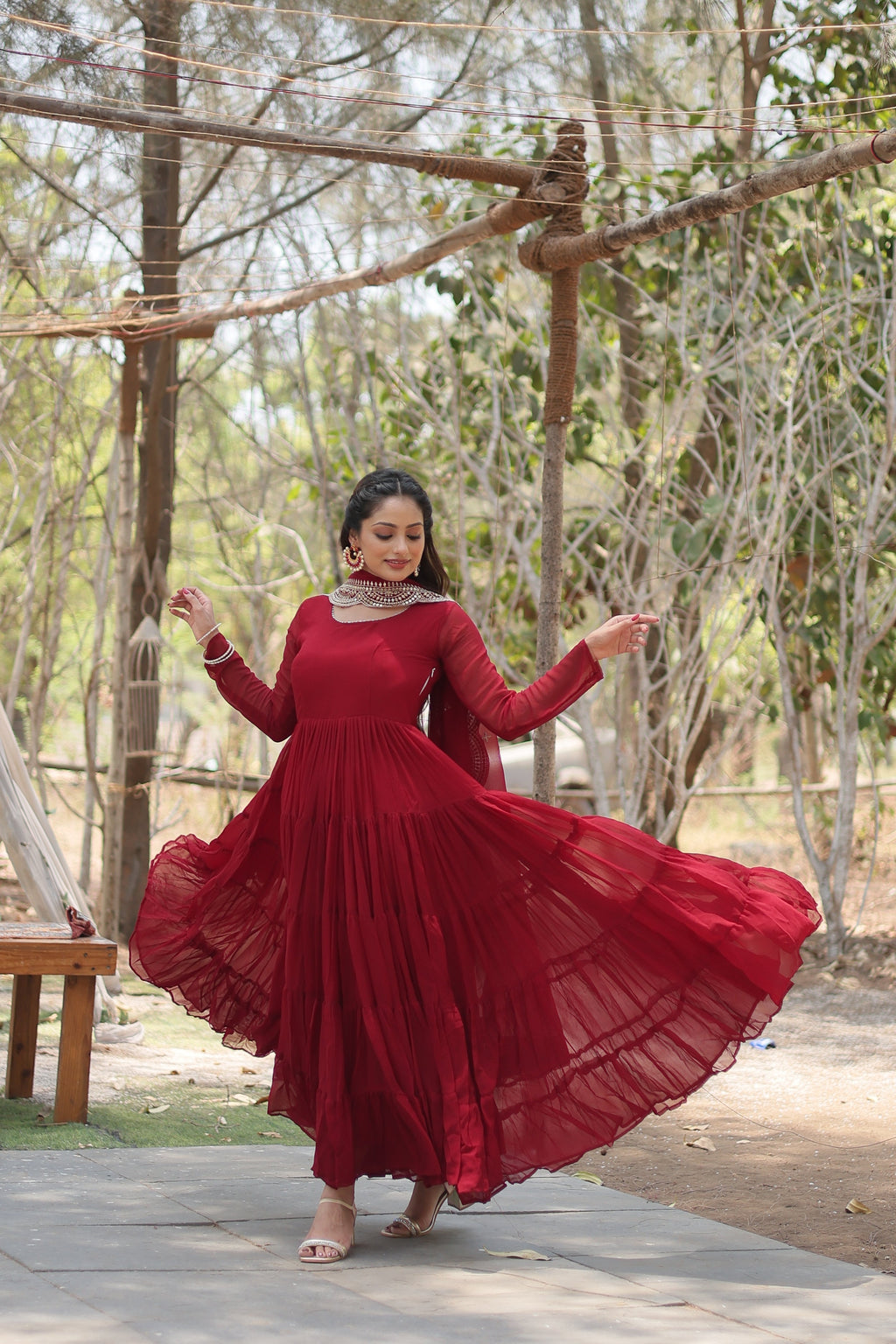 Maroon Women Embroidered Anarkali Kurta Set