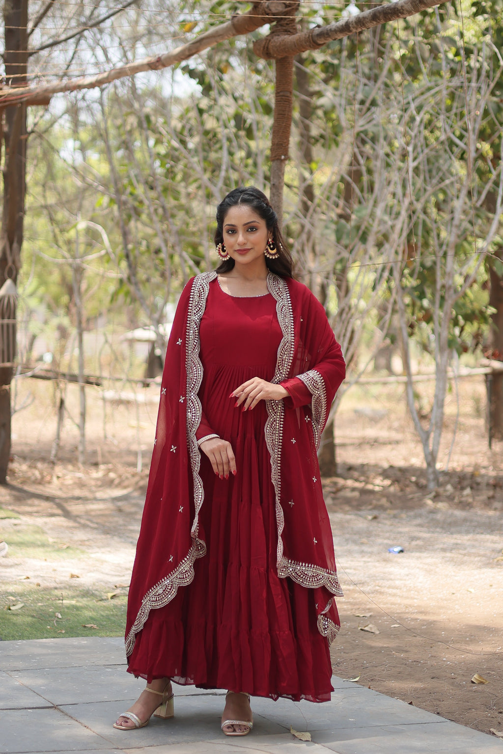 Maroon Women Embroidered Anarkali Kurta Set
