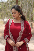 Maroon Women Embroidered Anarkali Kurta Set
