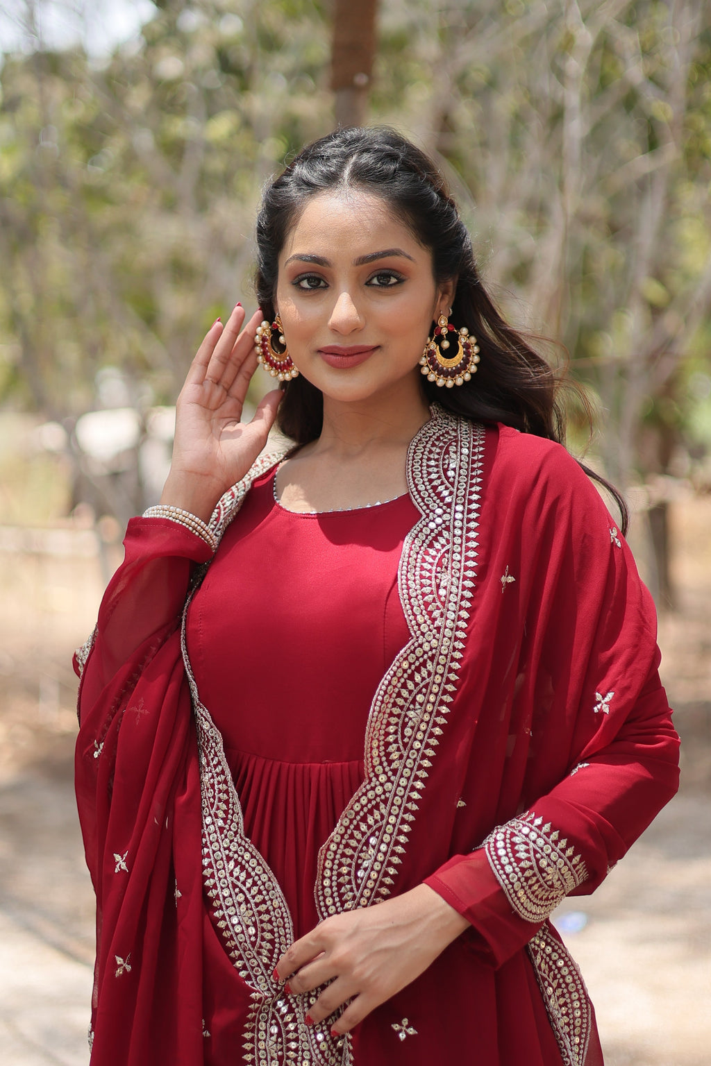 Maroon Women Embroidered Anarkali Kurta Set