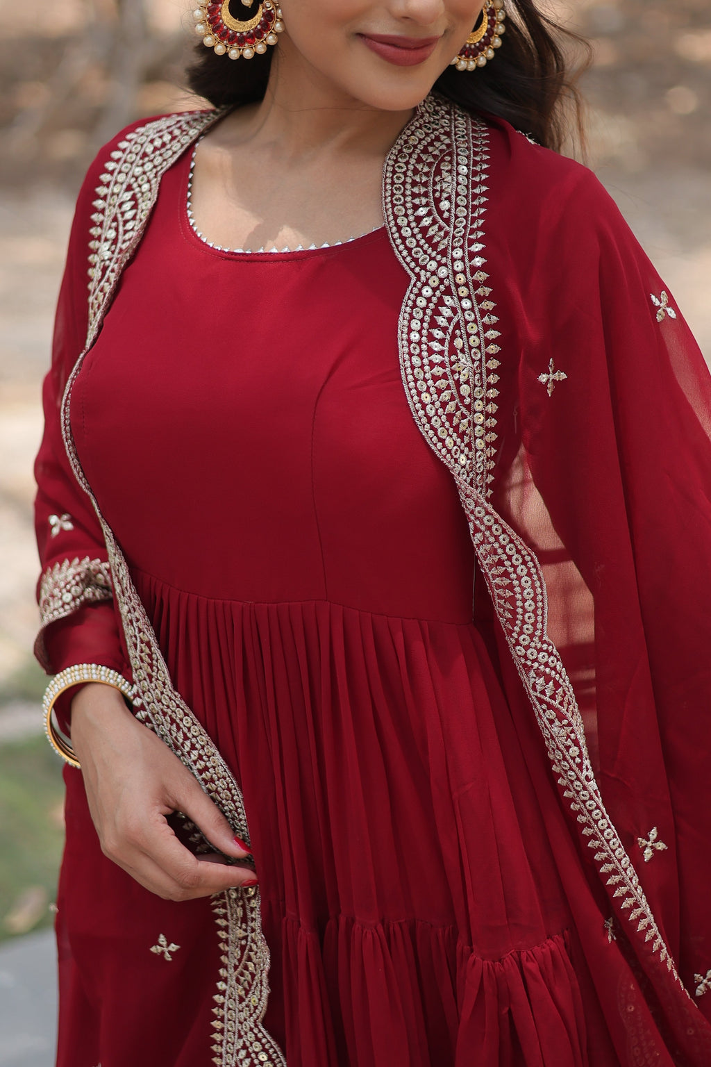 Maroon Women Embroidered Anarkali Kurta Set